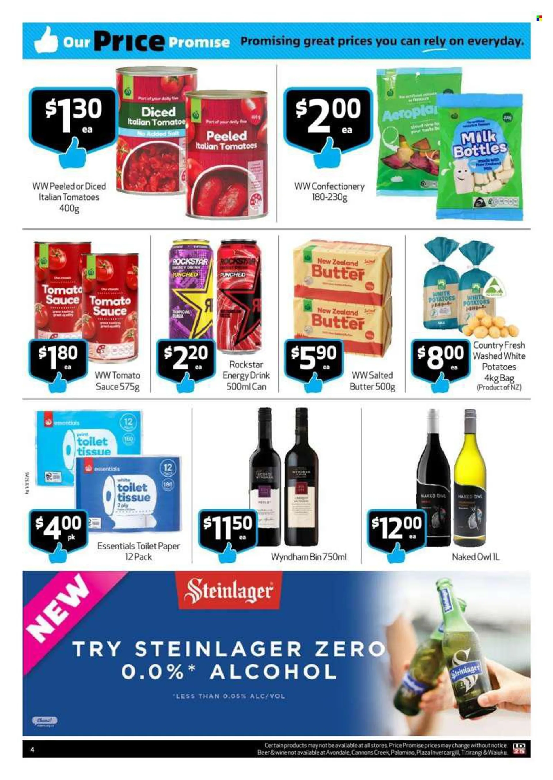 SuperValue mailer - 25.07.2022 - 31.07.2022 - Sales products - tomatoes, potatoes, sauce, milk, butter, salted butter, tomato sauce, energy drink, Rockstar, Merlot, alcohol, beer, Steinlager, toilet paper, essentials. Page 4.