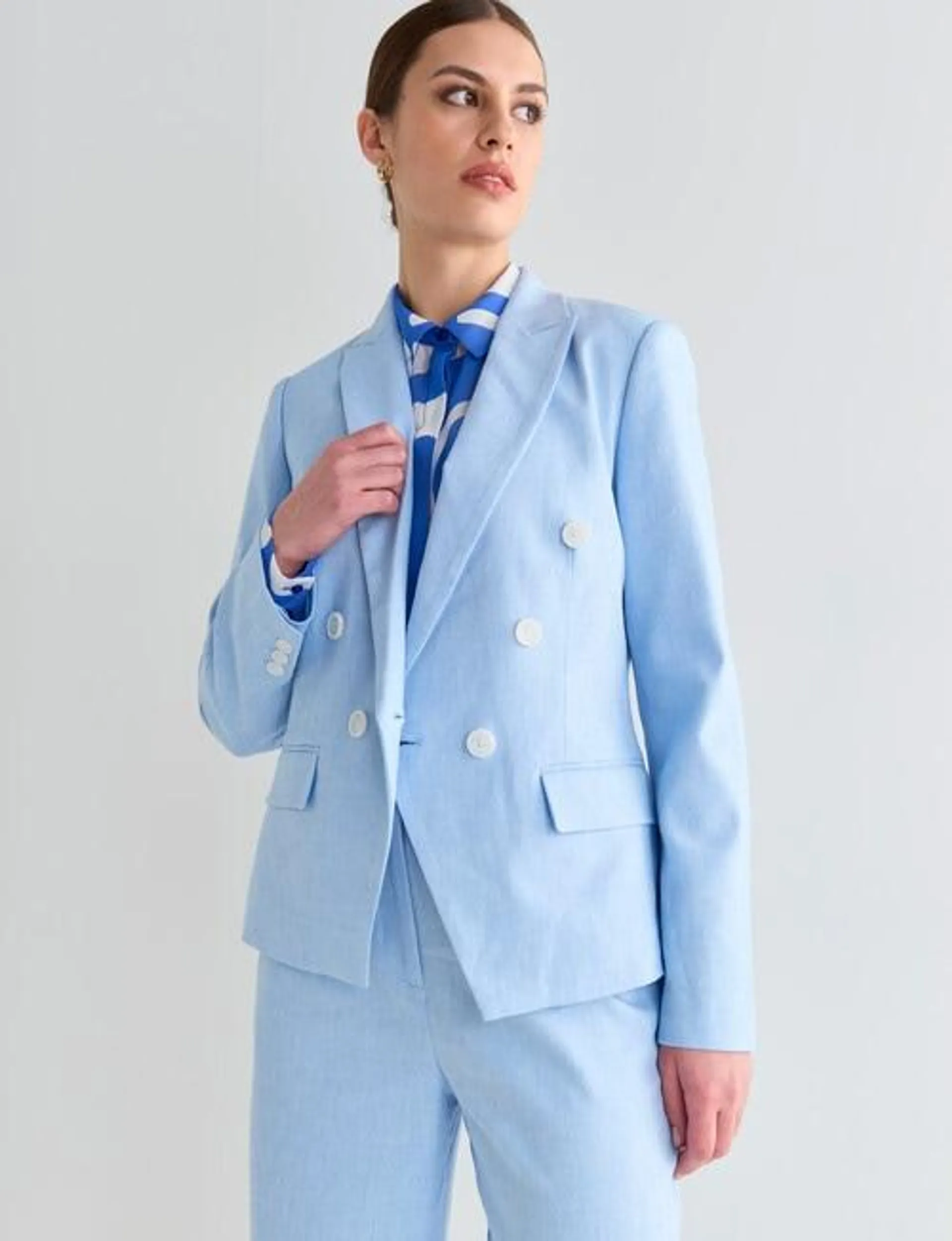 Whistle Double Breasted Long Sleeve Fashion Blazer, Ice Blue