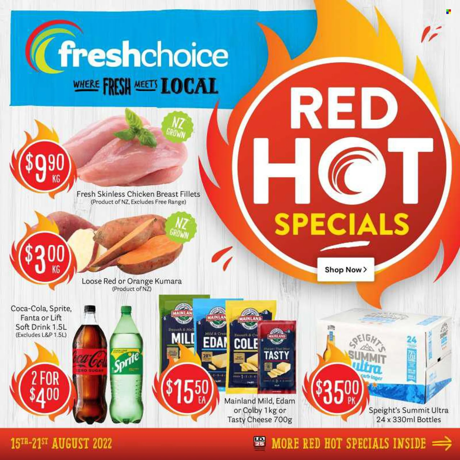 Fresh Choice mailer - 15.08.2022 - 21.08.2022 - Sales products - orange, colby cheese, edam cheese, cheese, Coca-Cola, Sprite, Fanta, soft drink, L&amp;P, beer, Lager, chicken breasts, chicken meat. Page 1.