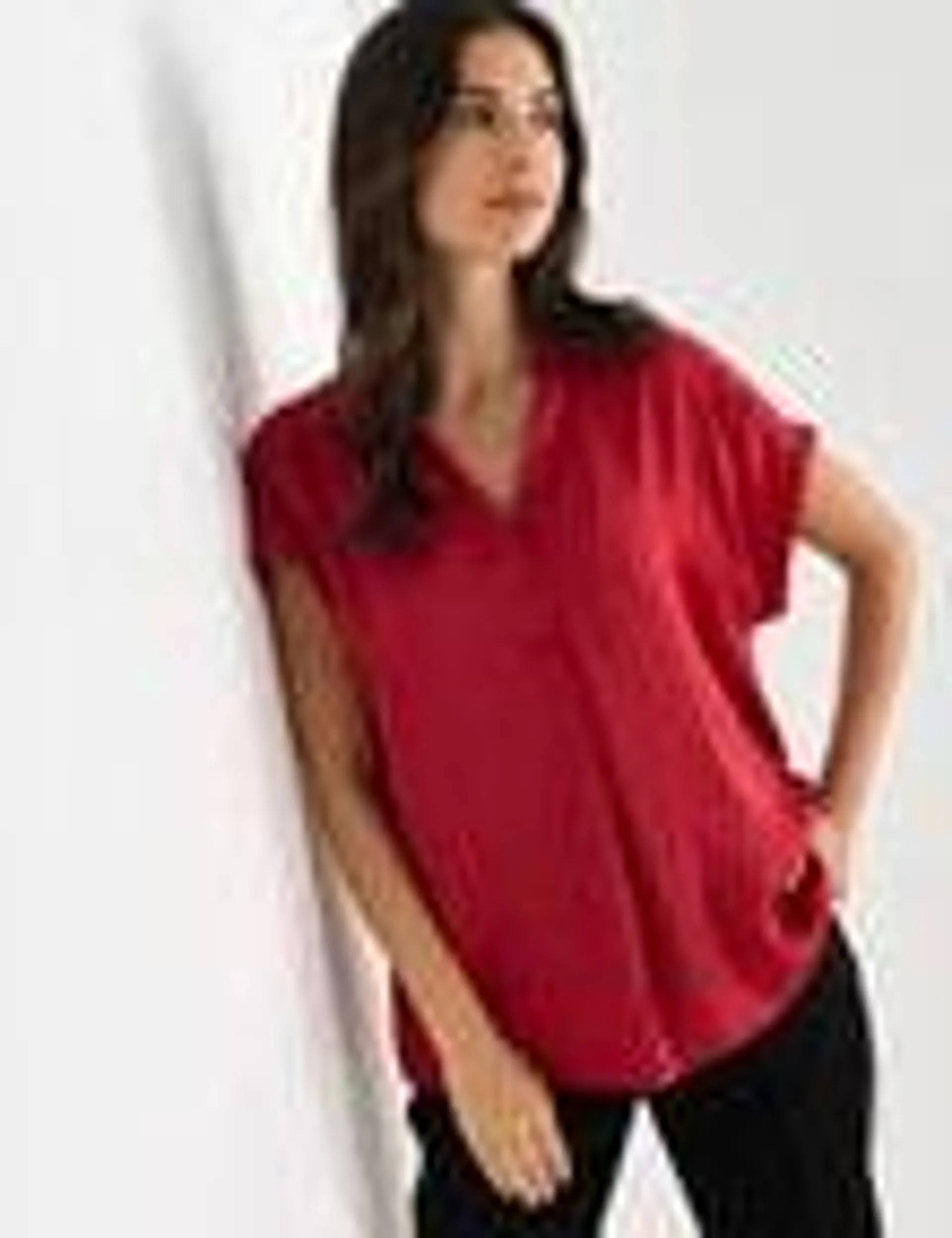 Whistle Satin V Neck Short Sleeve Shirt, Cranberry