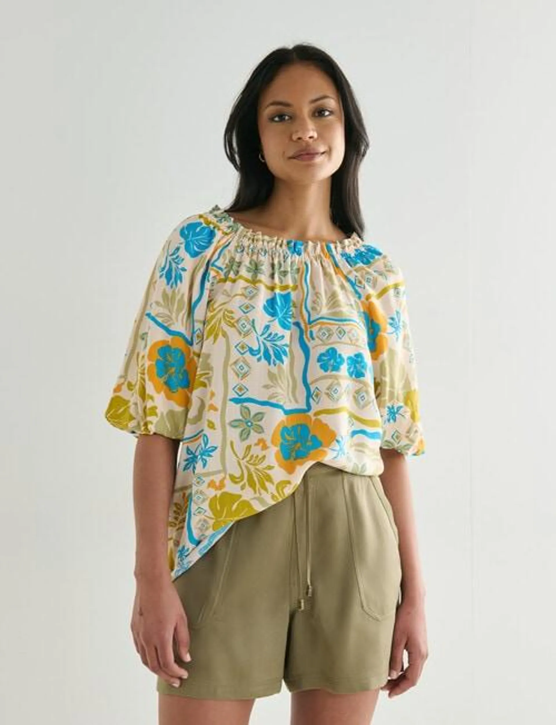 Zest Hibiscus Print Peasant Top, Blue