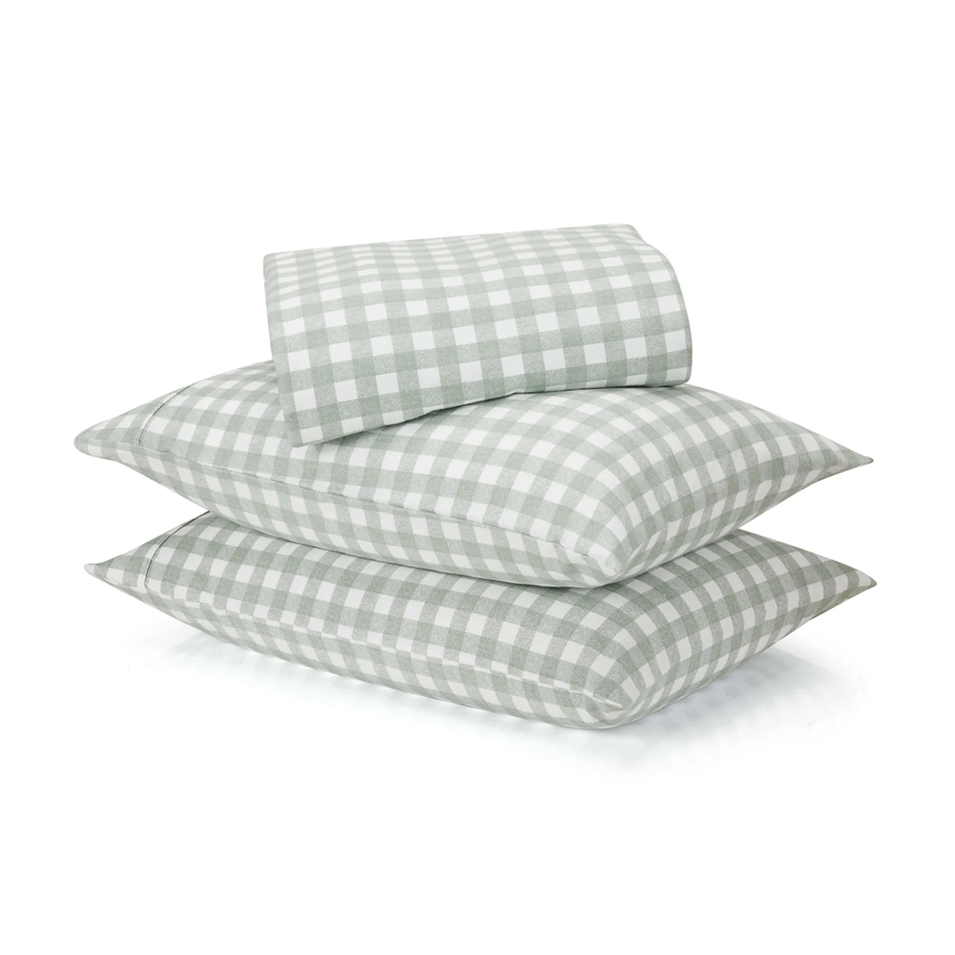 Gingham Cotton Flannelette Sheet Set - King Bed, Green