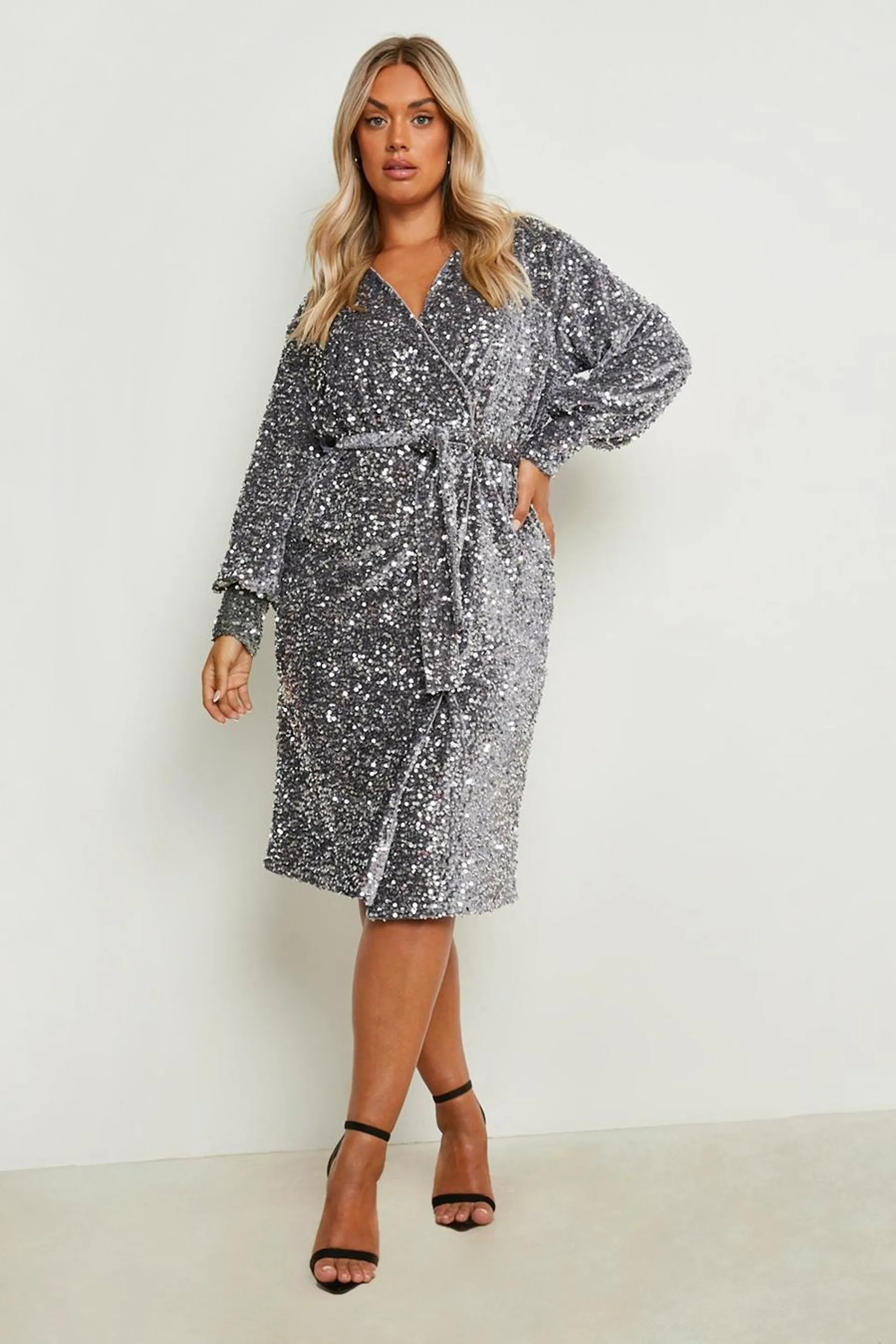 Plus Velvet Sequin Wrap Midi Dress