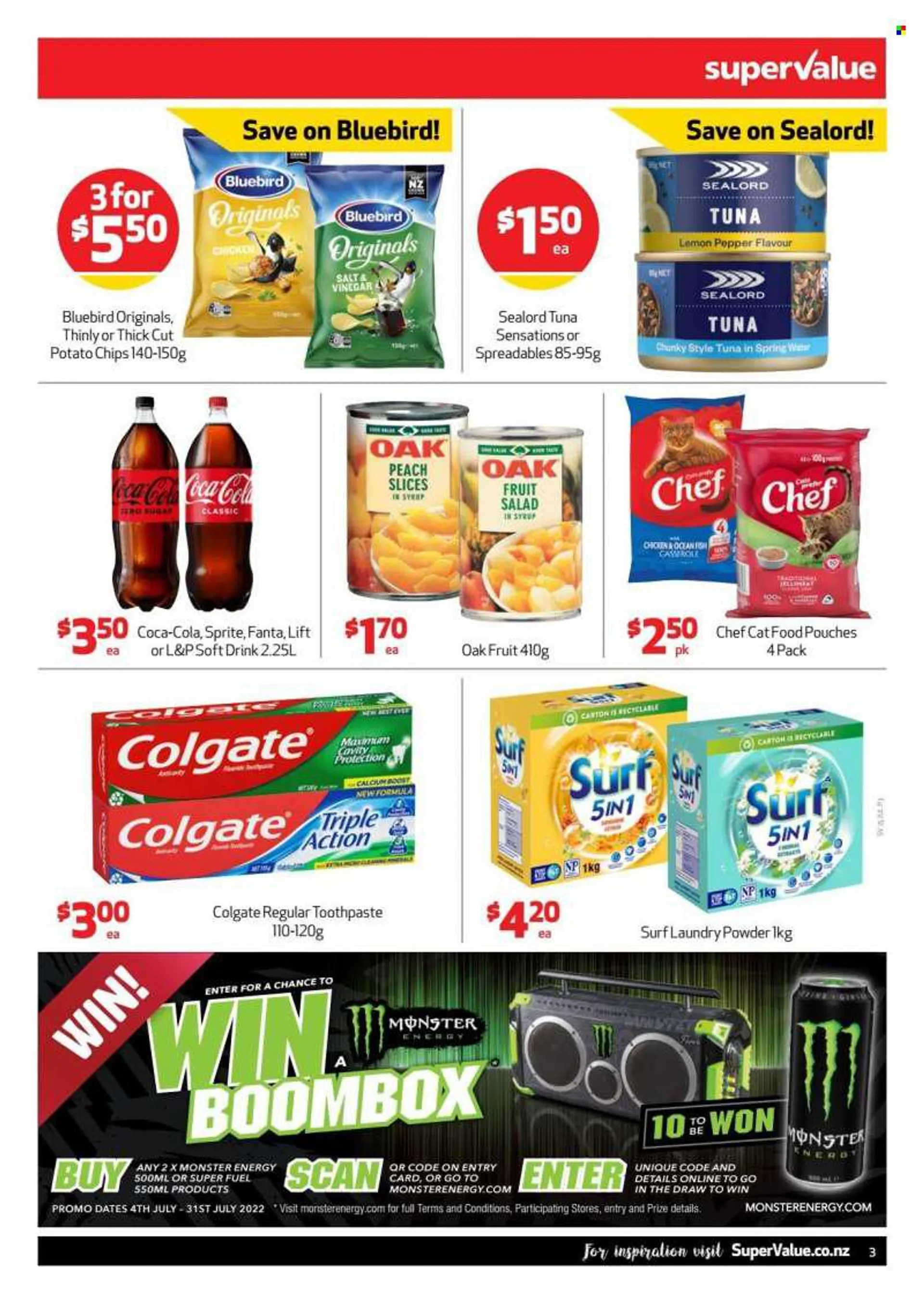 SuperValue mailer - 25.07.2022 - 31.07.2022 - Sales products - fish, Sealord, potato chips, chips, Bluebird, sealord tuna, fruit salad, Coca-Cola, Sprite, Monster, Fanta, soft drink, Coca-Cola zero, L&amp;P, Monster Energy, spring water, Boost, laundry po