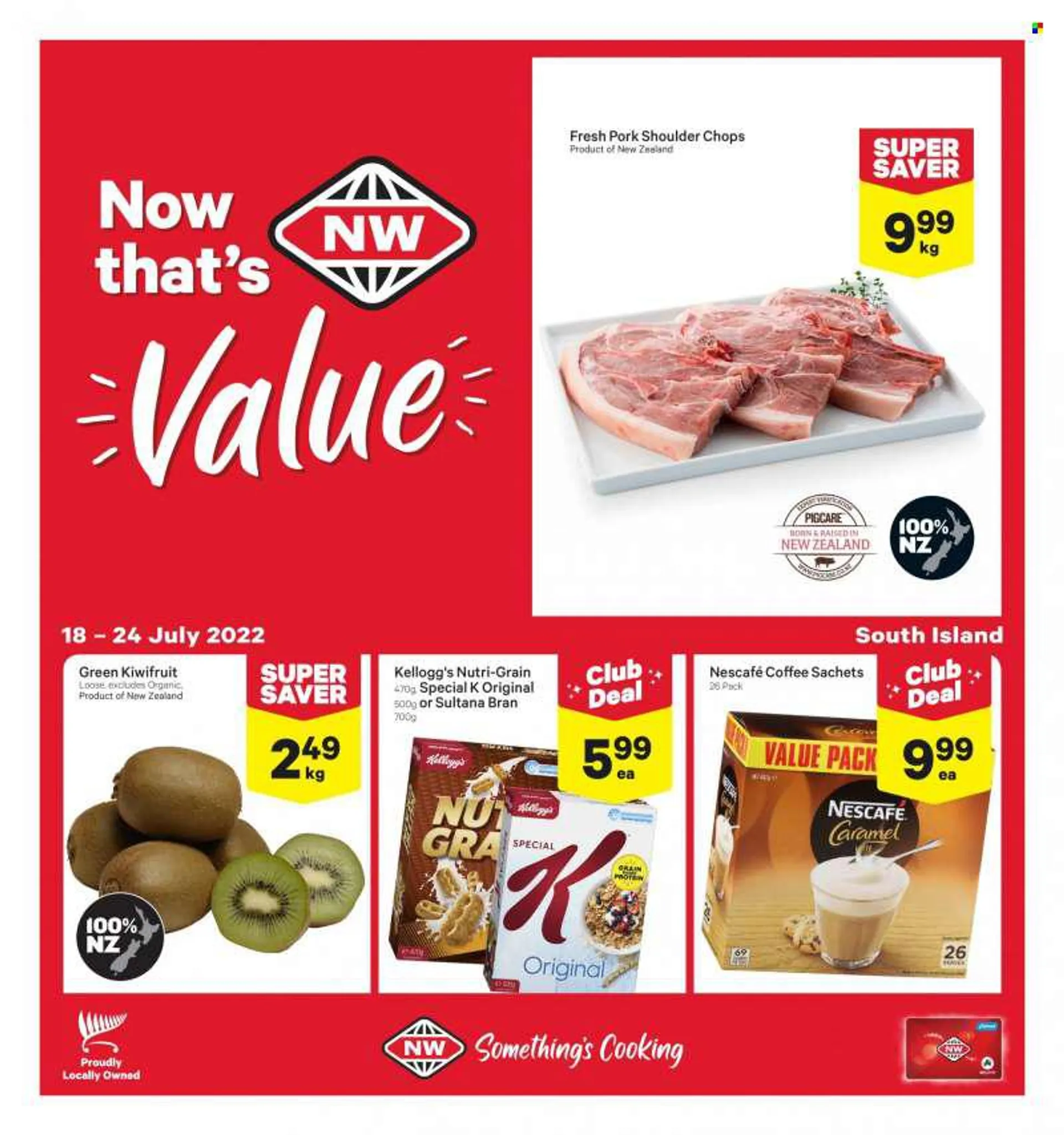 New World mailer - 18.07.2022 - 24.07.2022 - Sales products - kiwi, Kelloggs, Nutri-Grain, coffee, Nescafé, pork meat, pork shoulder. Page 1.