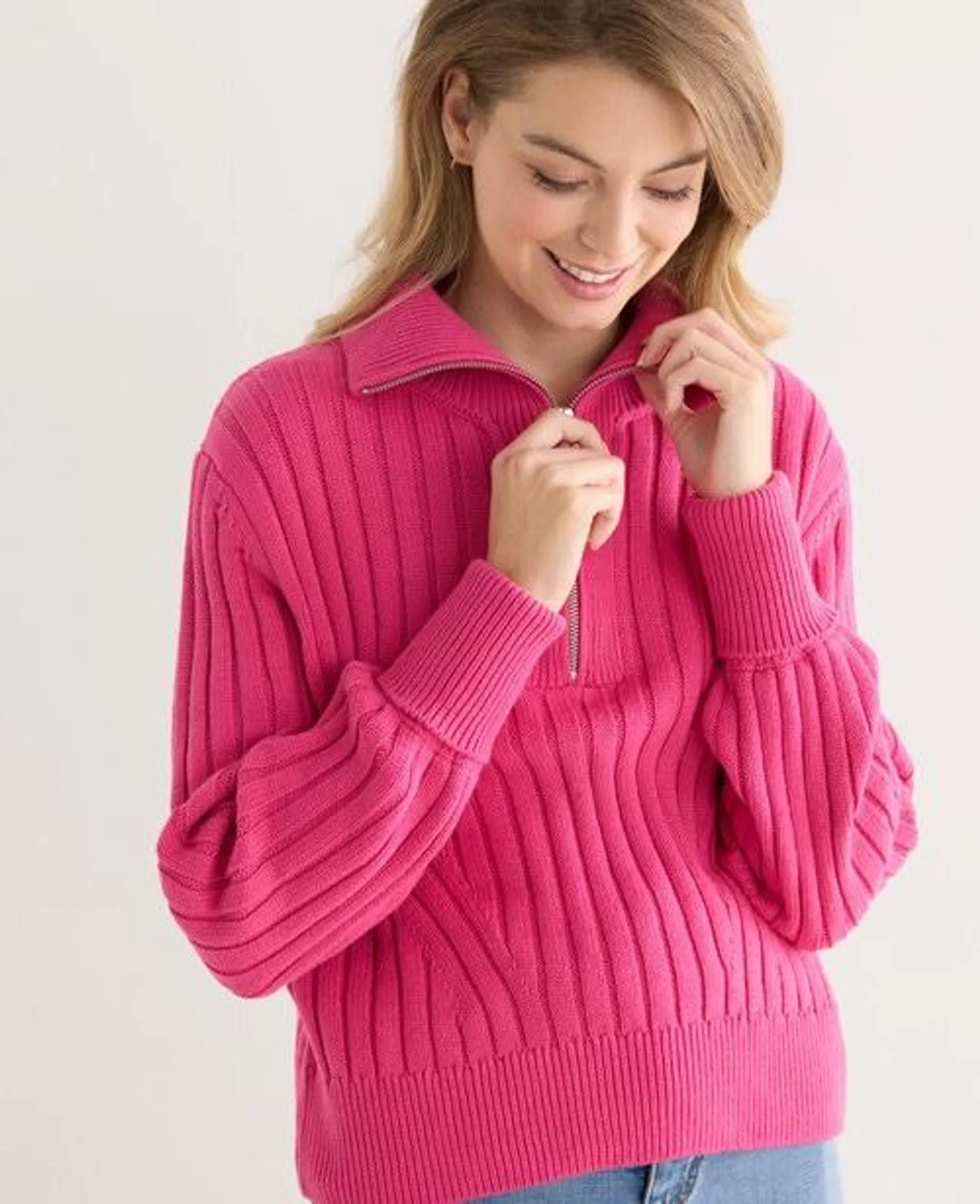 Zest 1/4 Zip Rib Knit Jumper, Fuchsia