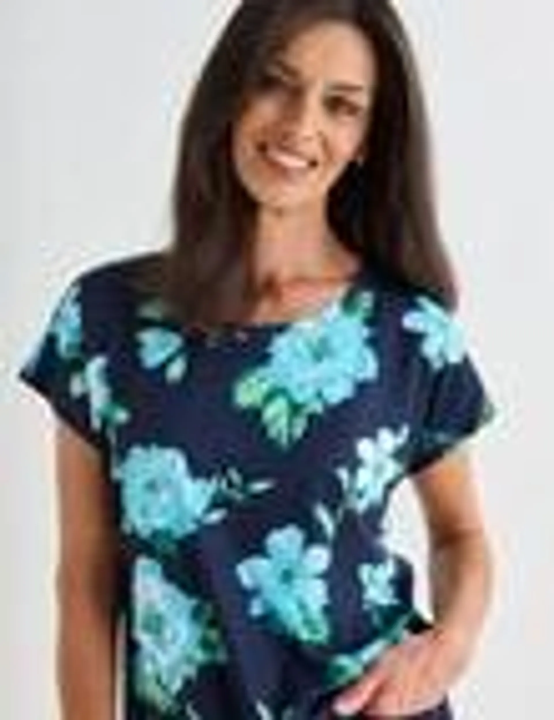 Ella J Aqua Floral Cap Sleeve Tee, Navy