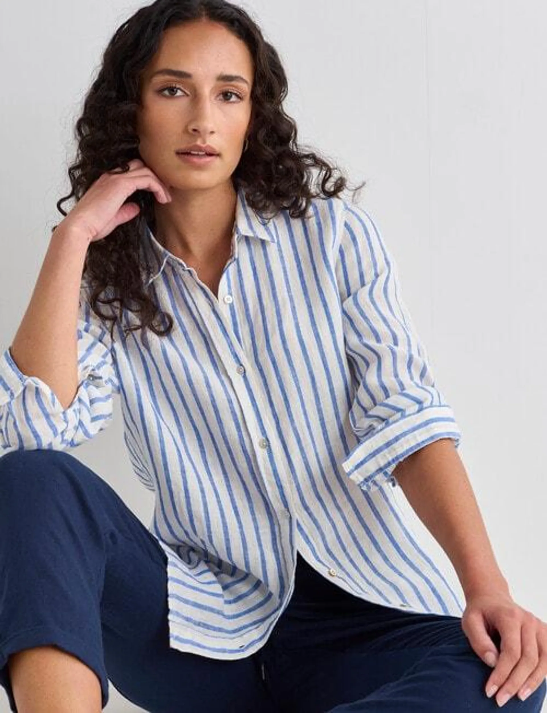 Zest Essential Linen Stripe Long Sleeve Shirt, Blue & White