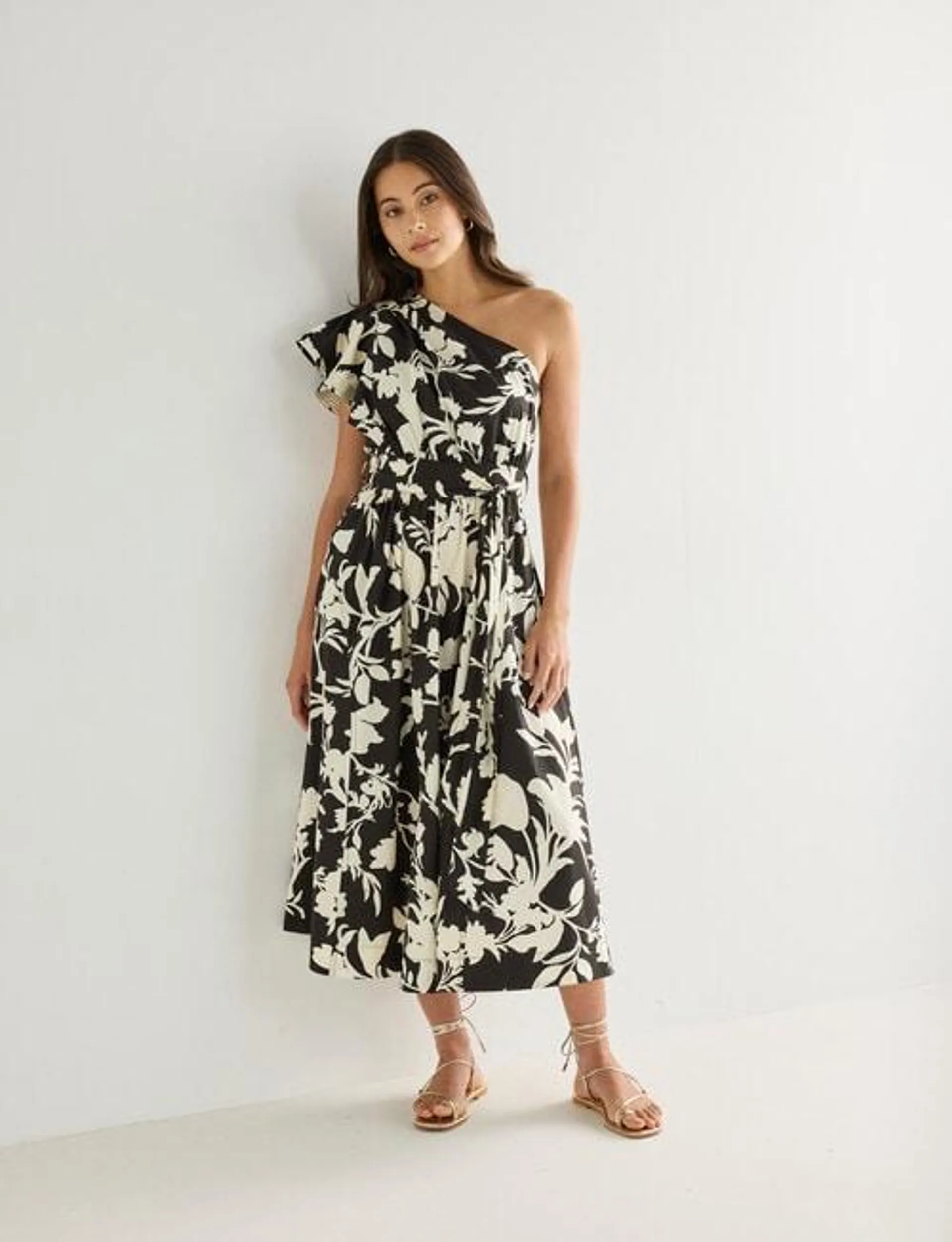 Whistle Floral One Shoulder Sundress, Black & Cream