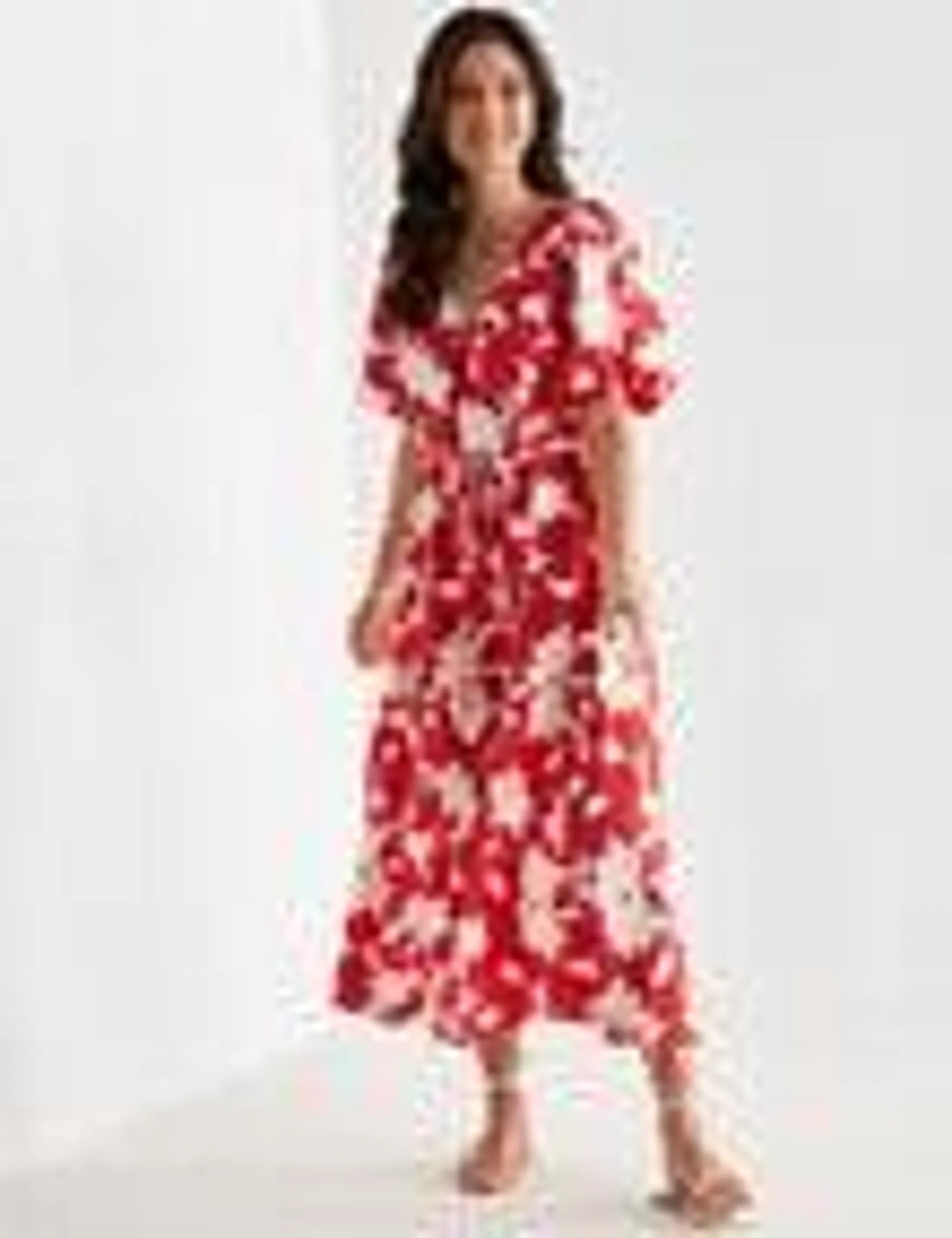 Whistle Puff Sleeve Midi Dress, Red & White