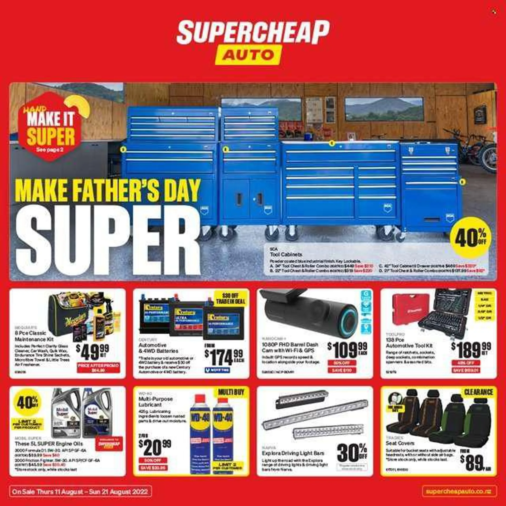 SuperCheap Auto mailer - 11.08.2022 - 21.08.2022 - Sales products - dashboard camera, tool chest, cabinet, lubricant, tool cabinets, WD-40, car seat cover, car battery, automotive batteries, tyre shine, Mobil, bag. Page 1.