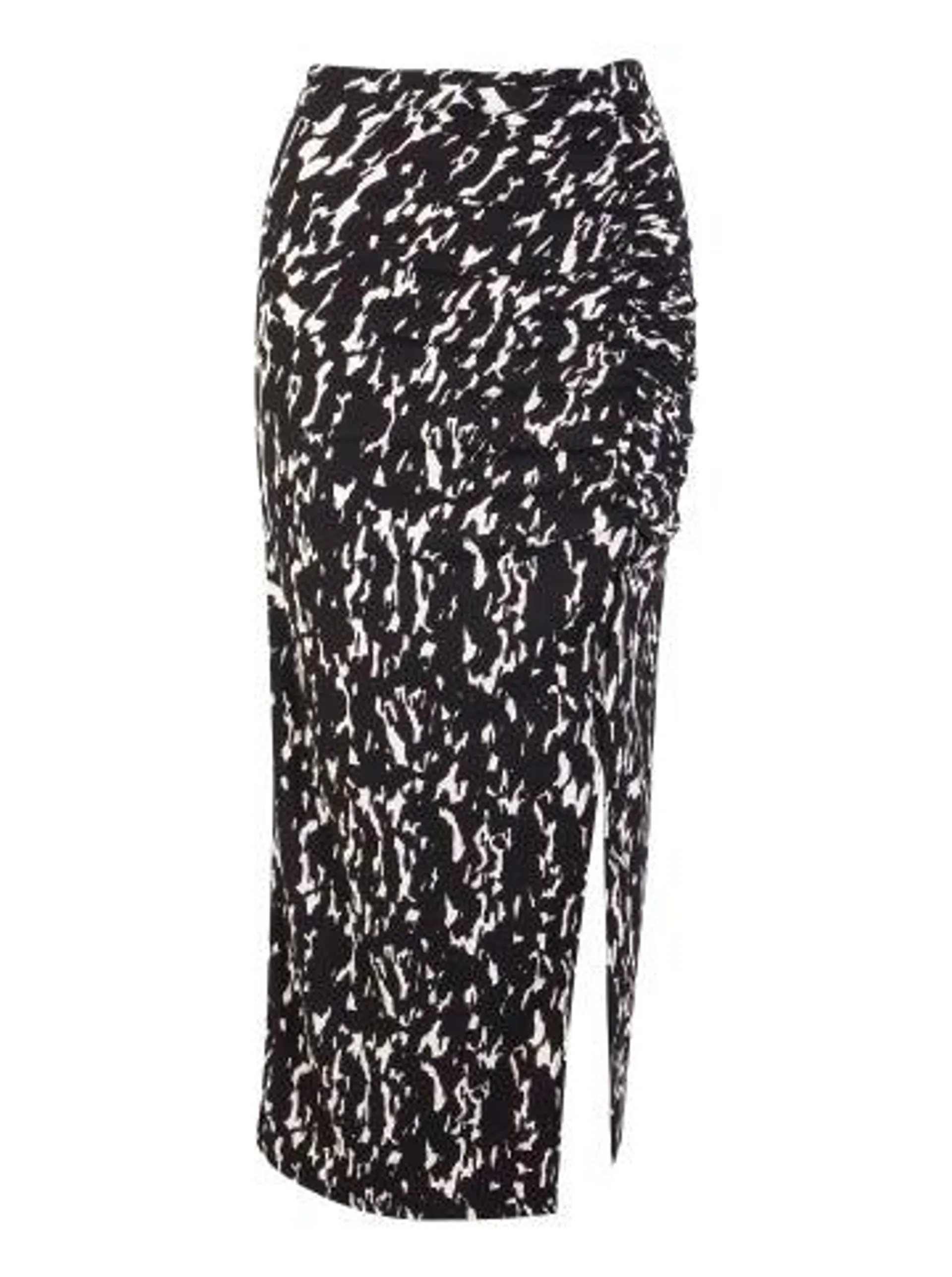 Women's Crepe Gathered Midi Skirt in Black Hatched
