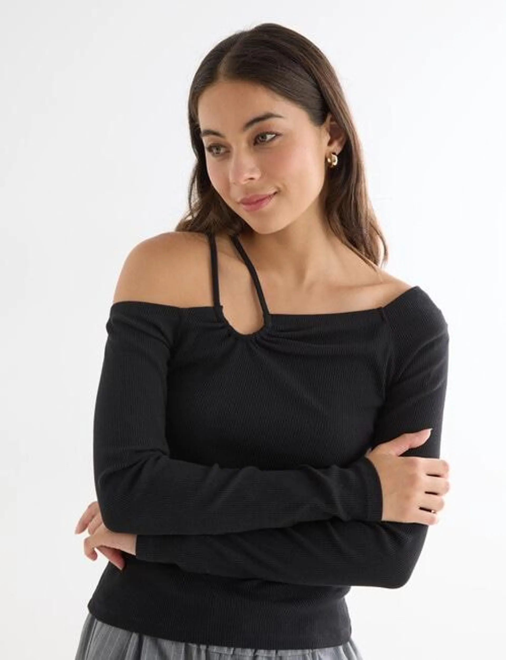 Mineral Katy Cut Out Rib Top, Black