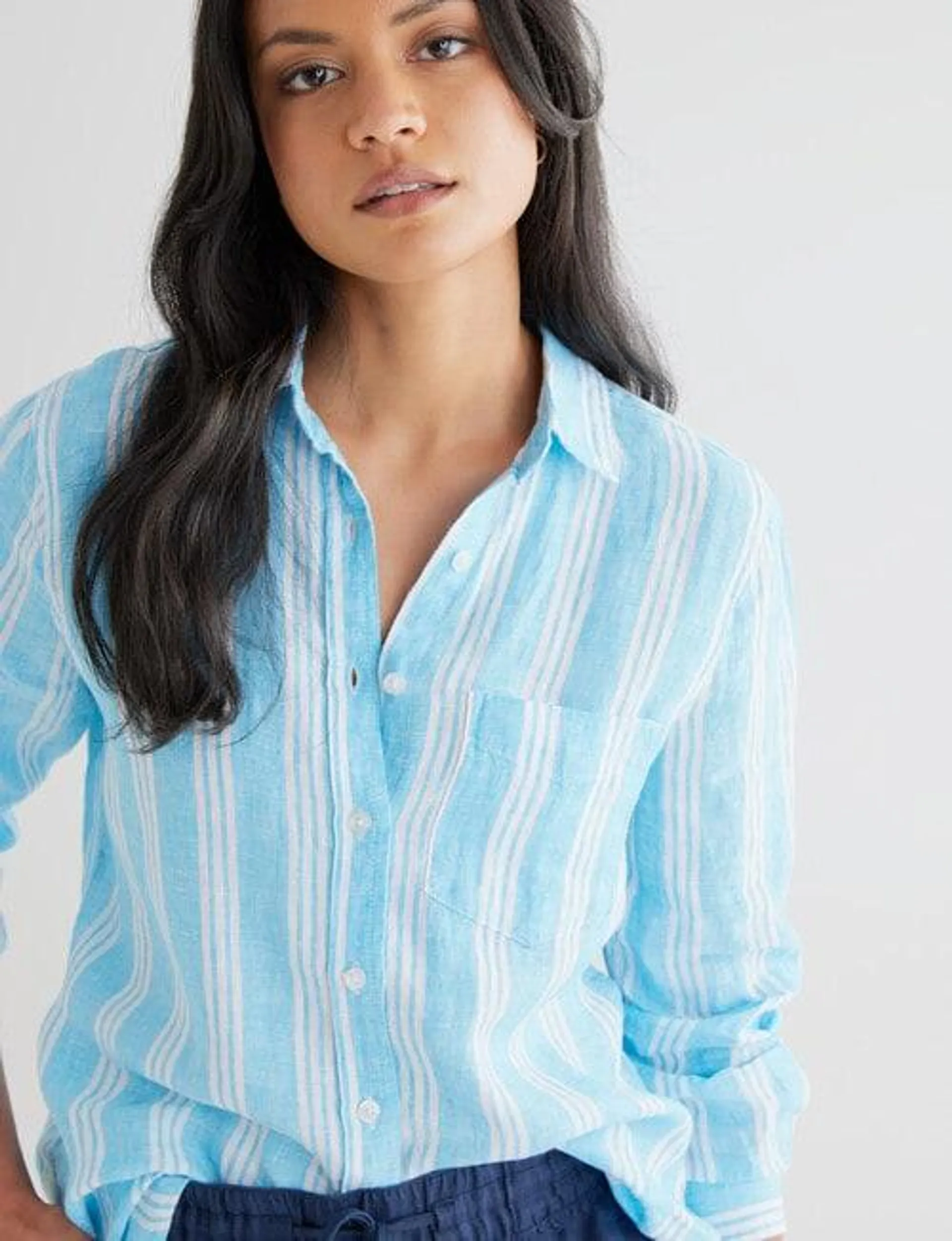 Zest Linen Shirt, Aqua Stripe