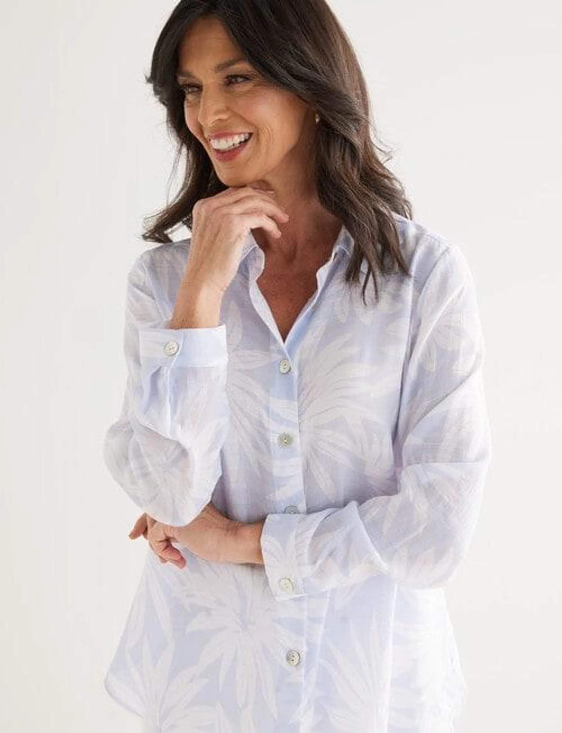 Ella J Classic Shirt, Pale Blue Leaf