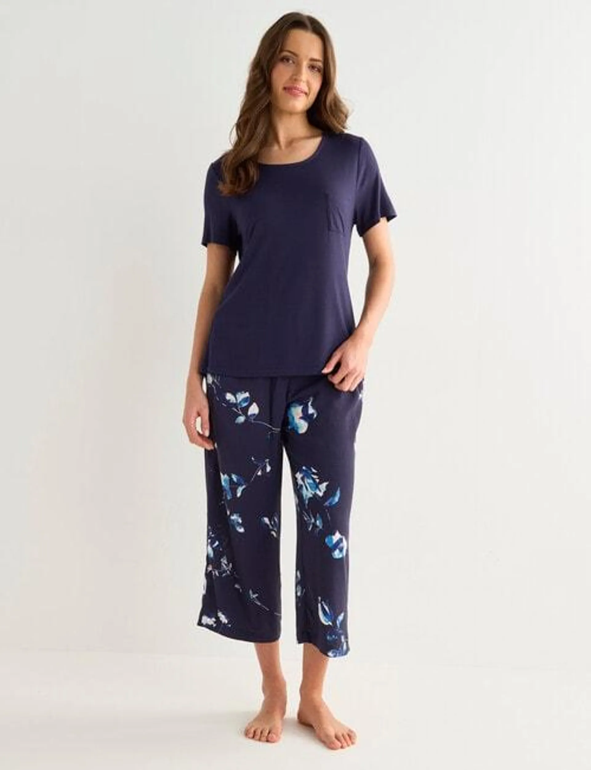 Whistle Sleep Etch Print Tee & Crop PJ Set, Navy