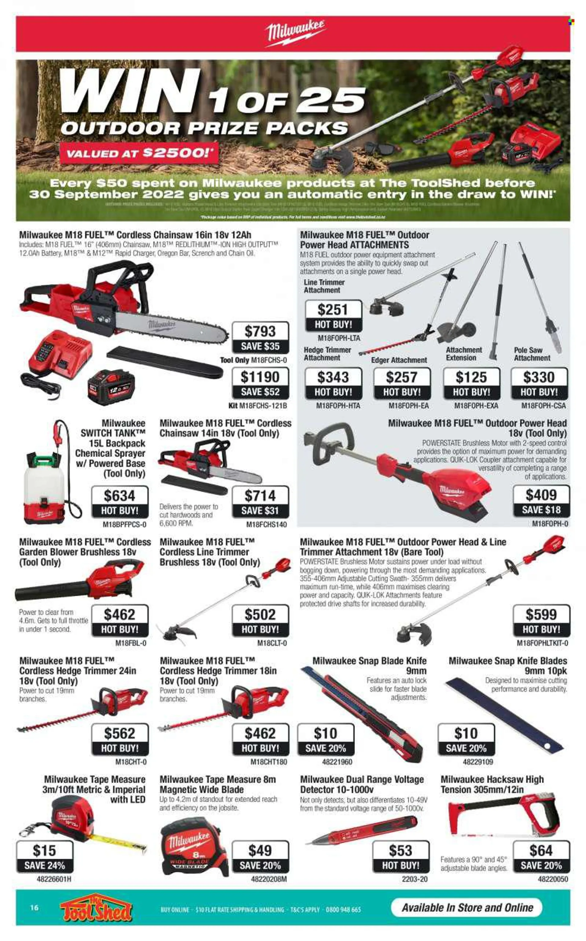 The Tool Shed mailer - 01.08.2022 - 30.09.2022 - Sales products - switch, Milwaukee, chain saw, saw, hacksaw, trimmer, hedge trimmer, blower, knife, measuring tape. Page 1.