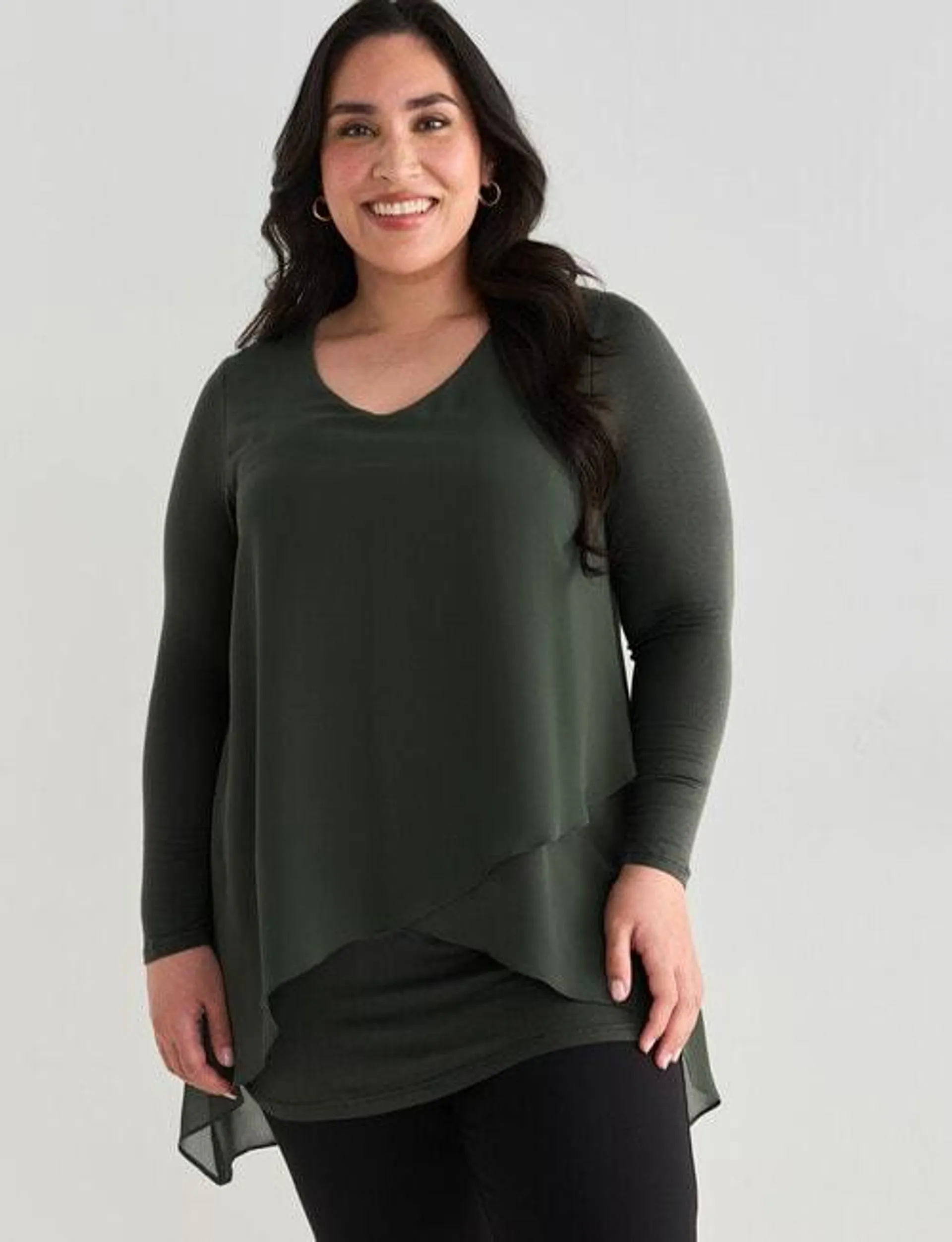 Studio Curve V Neck Layered Tunic, Moss