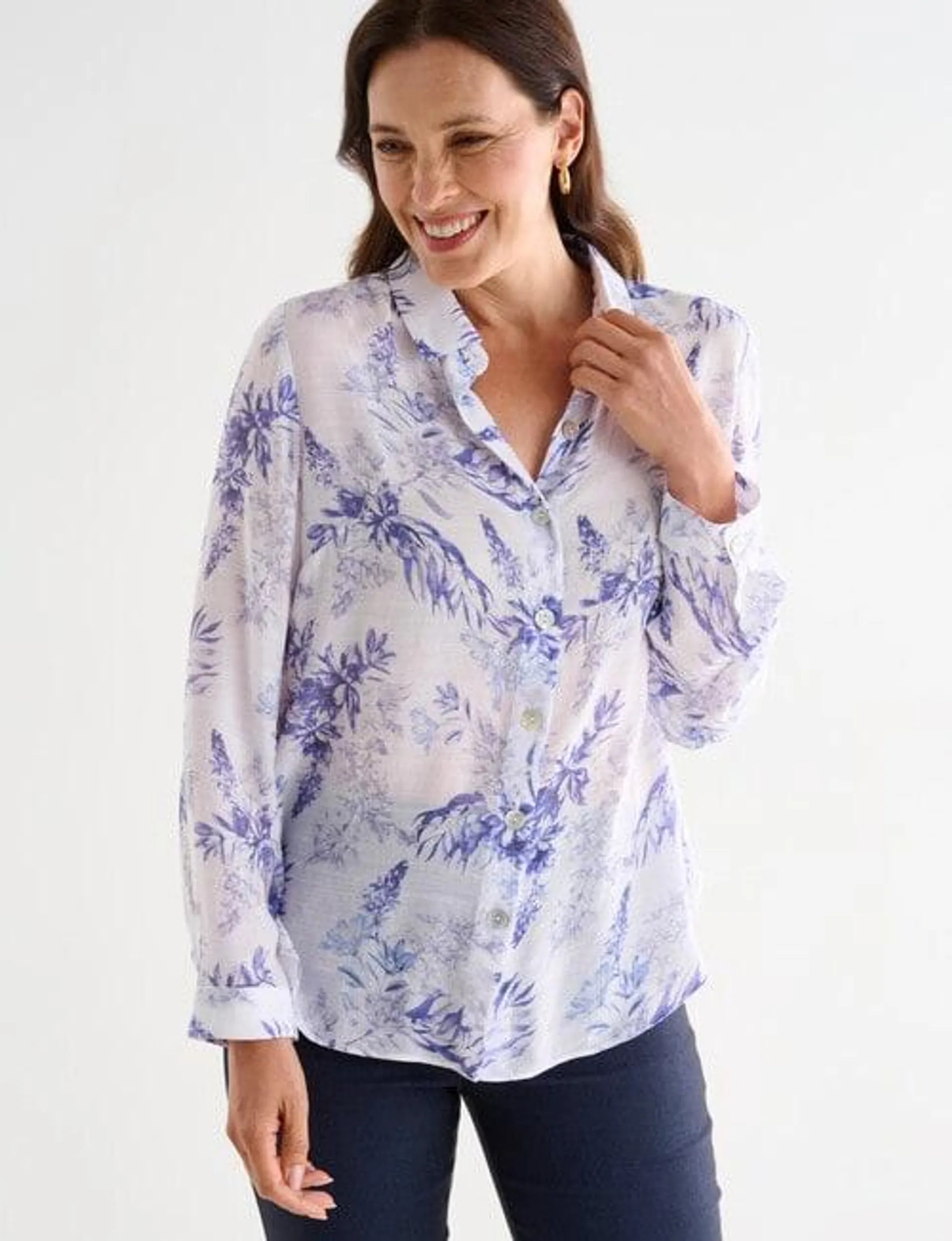 Ella J Classic Shirt, Indigo Print