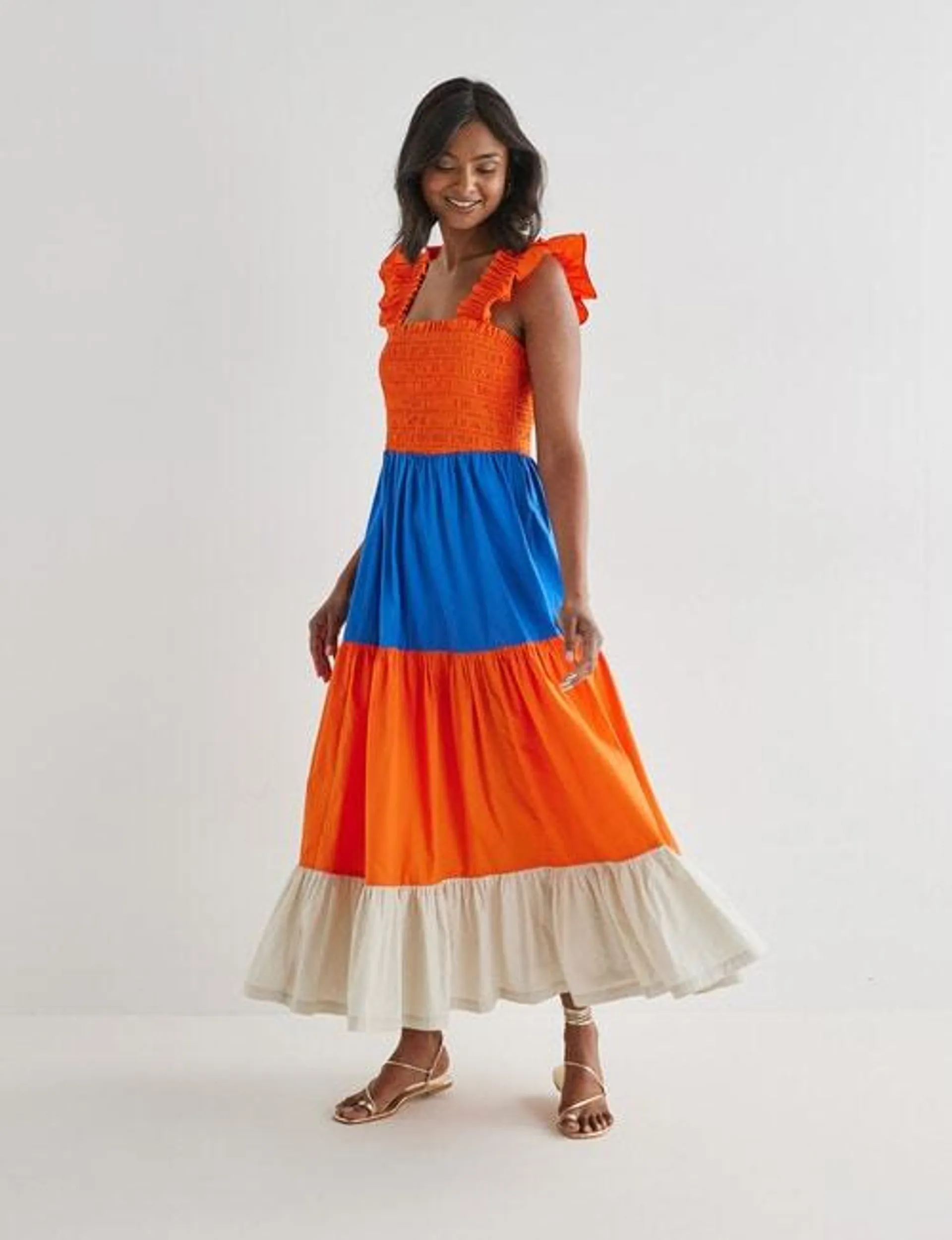 Whistle Shirred Shoulder Midi Dress, Tri Colour