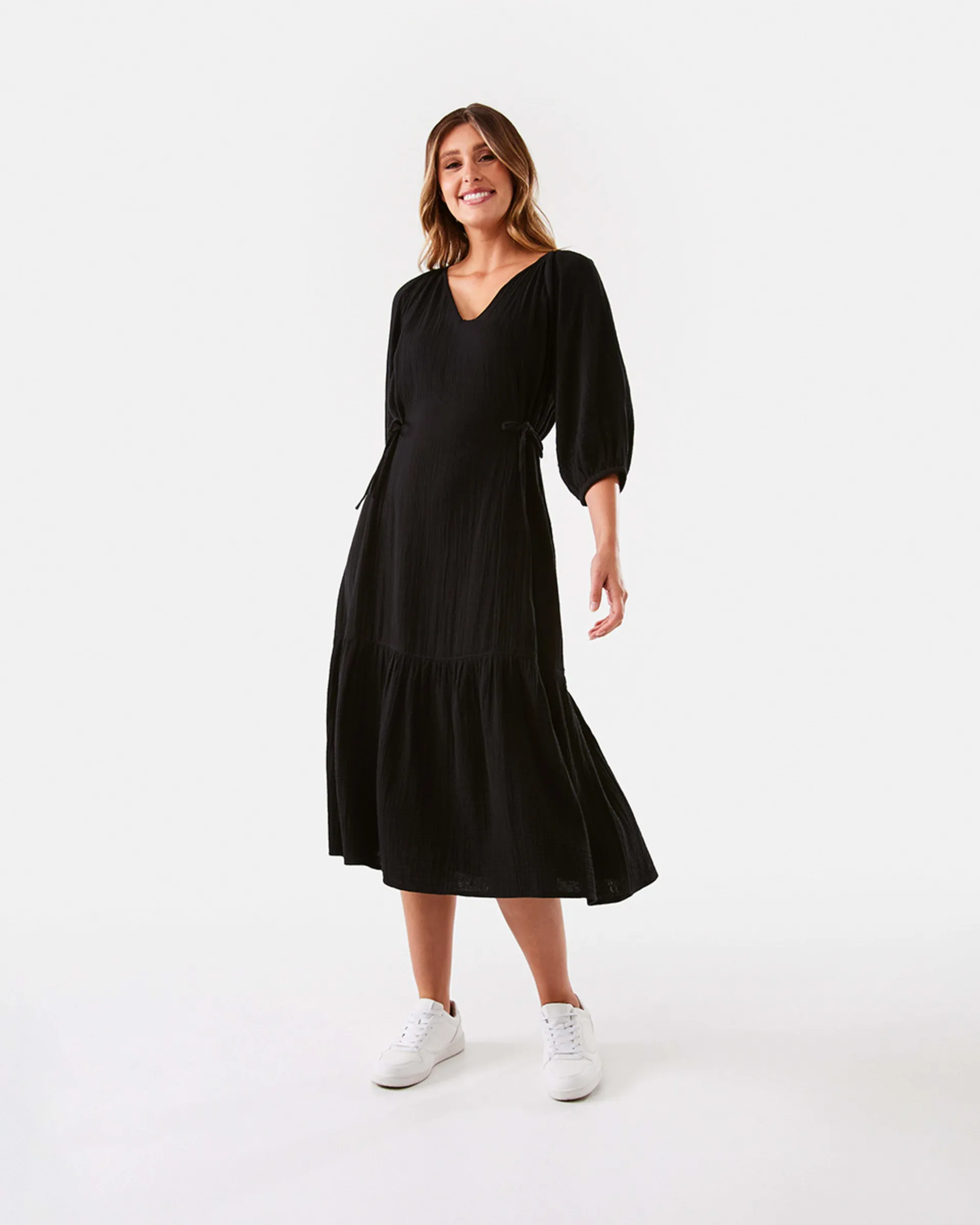 3/4 Sleeve Waist Tie Midi Dress