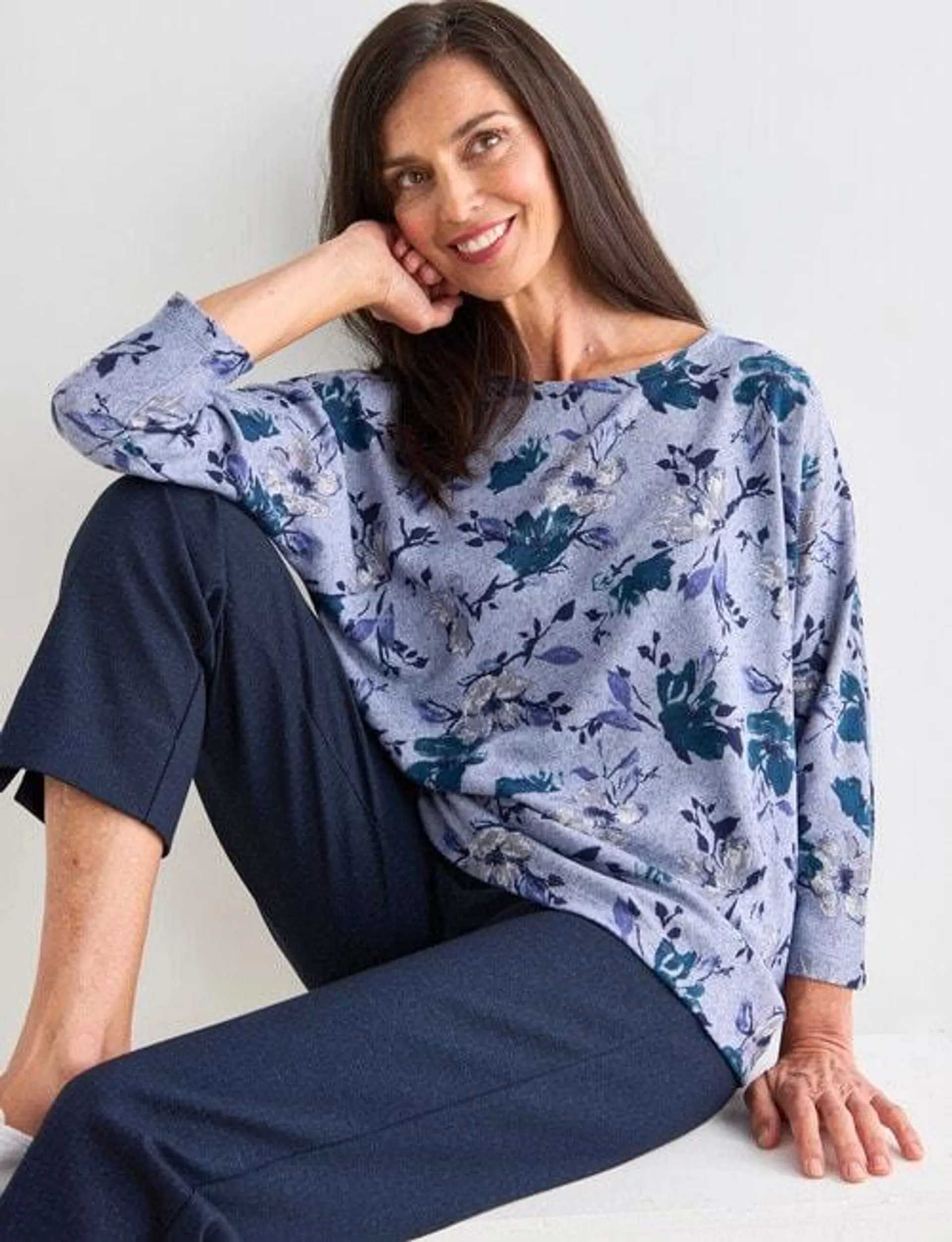 Ella J Soft Touch Batwing Top, Mallard Floral