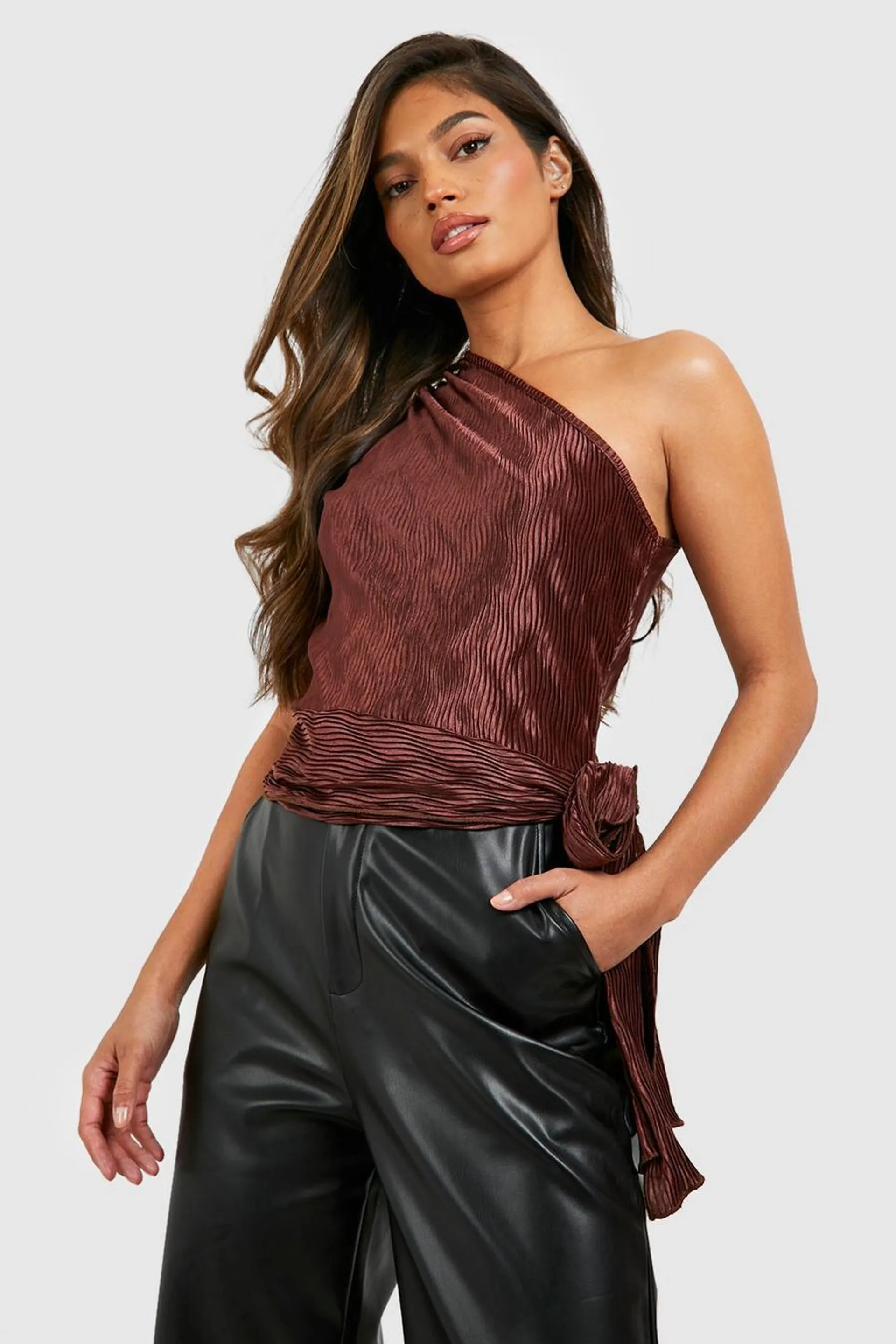 Plisse One Shoulder Tie Detail Top