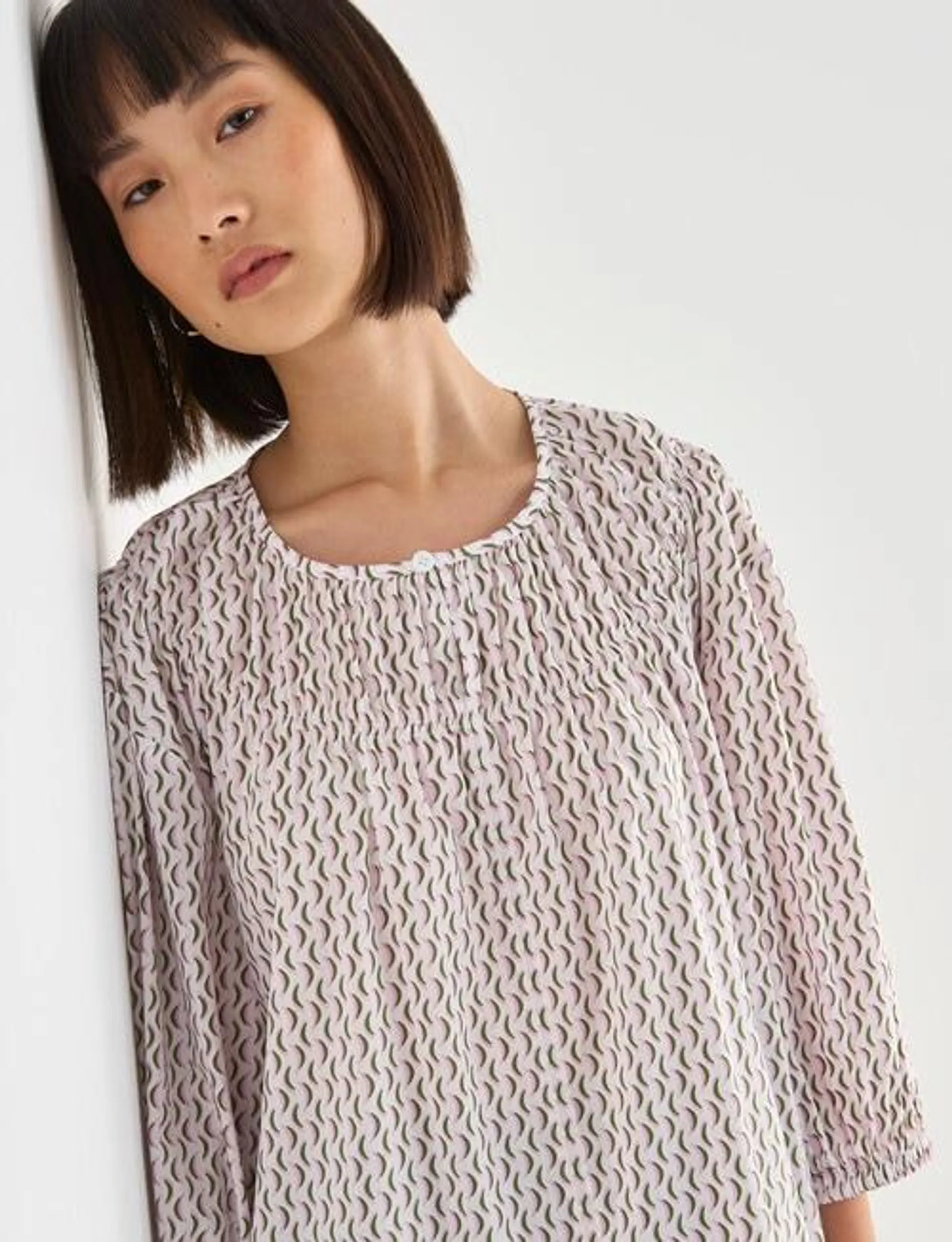 Jigsaw Gina Shirred Printed Round Neck 3/4 Sleeve Top,