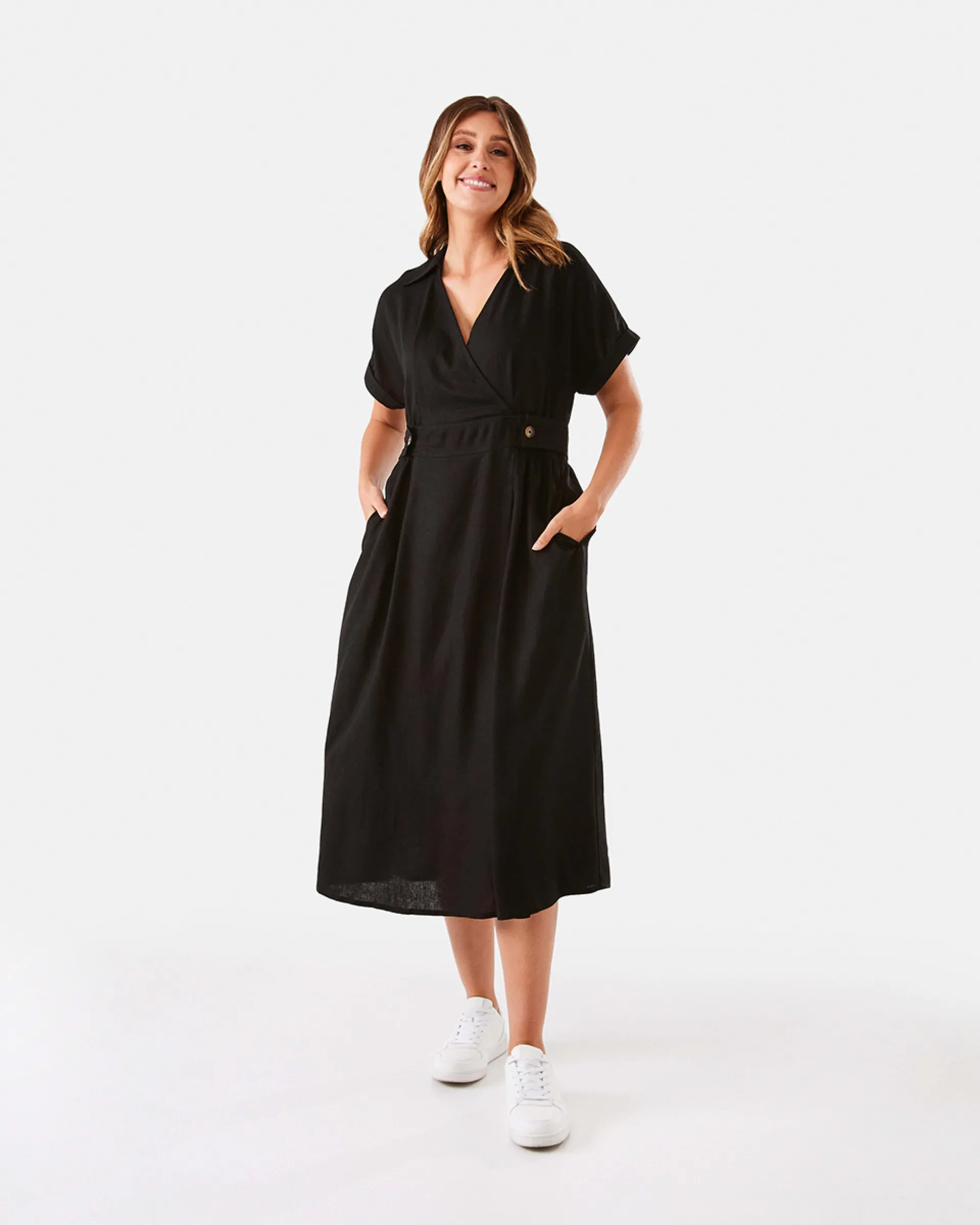 Short Sleeve Wrap Front Midi Dress