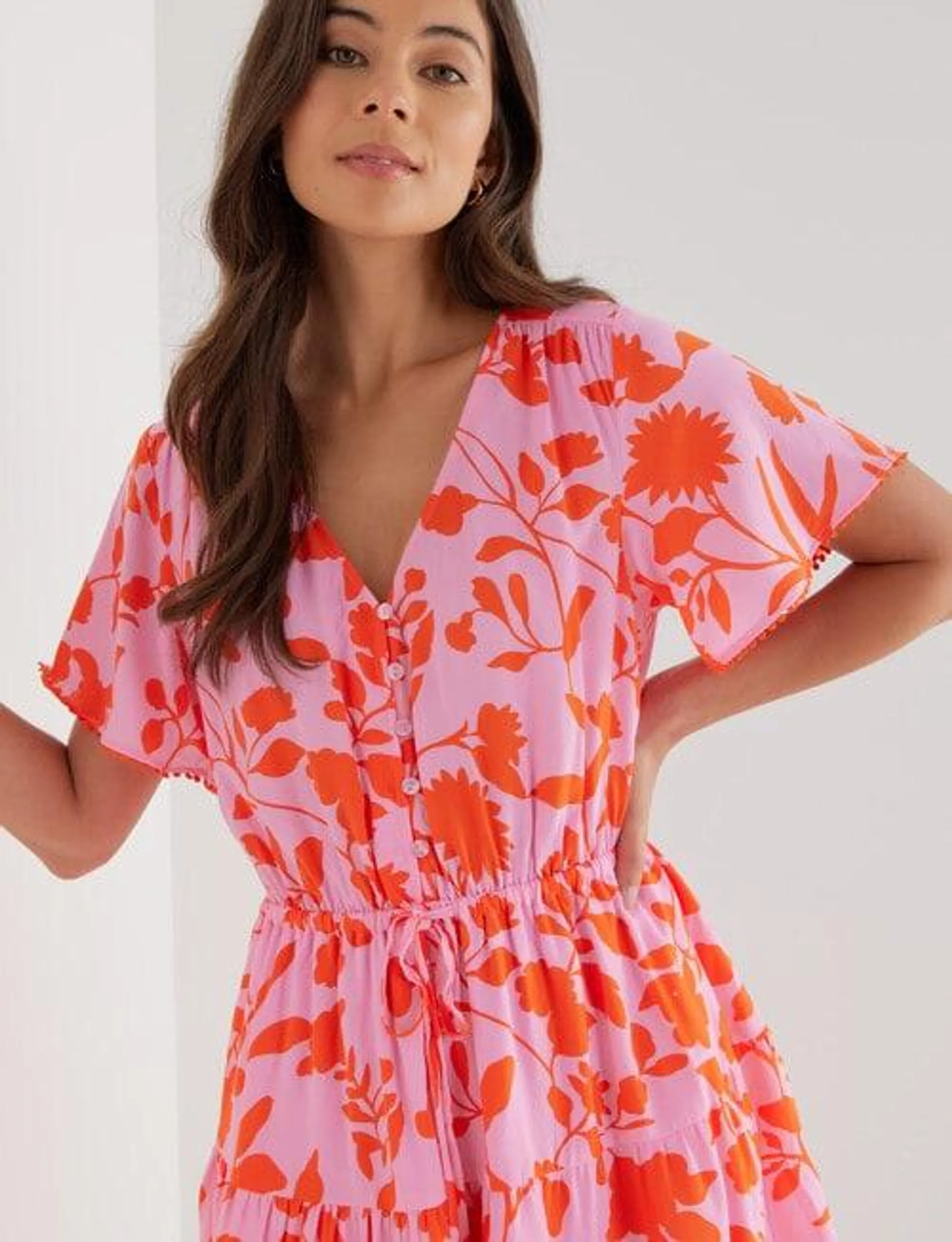 Whistle Print Short Sleeve Detail Trim Dress, Pink & Orange