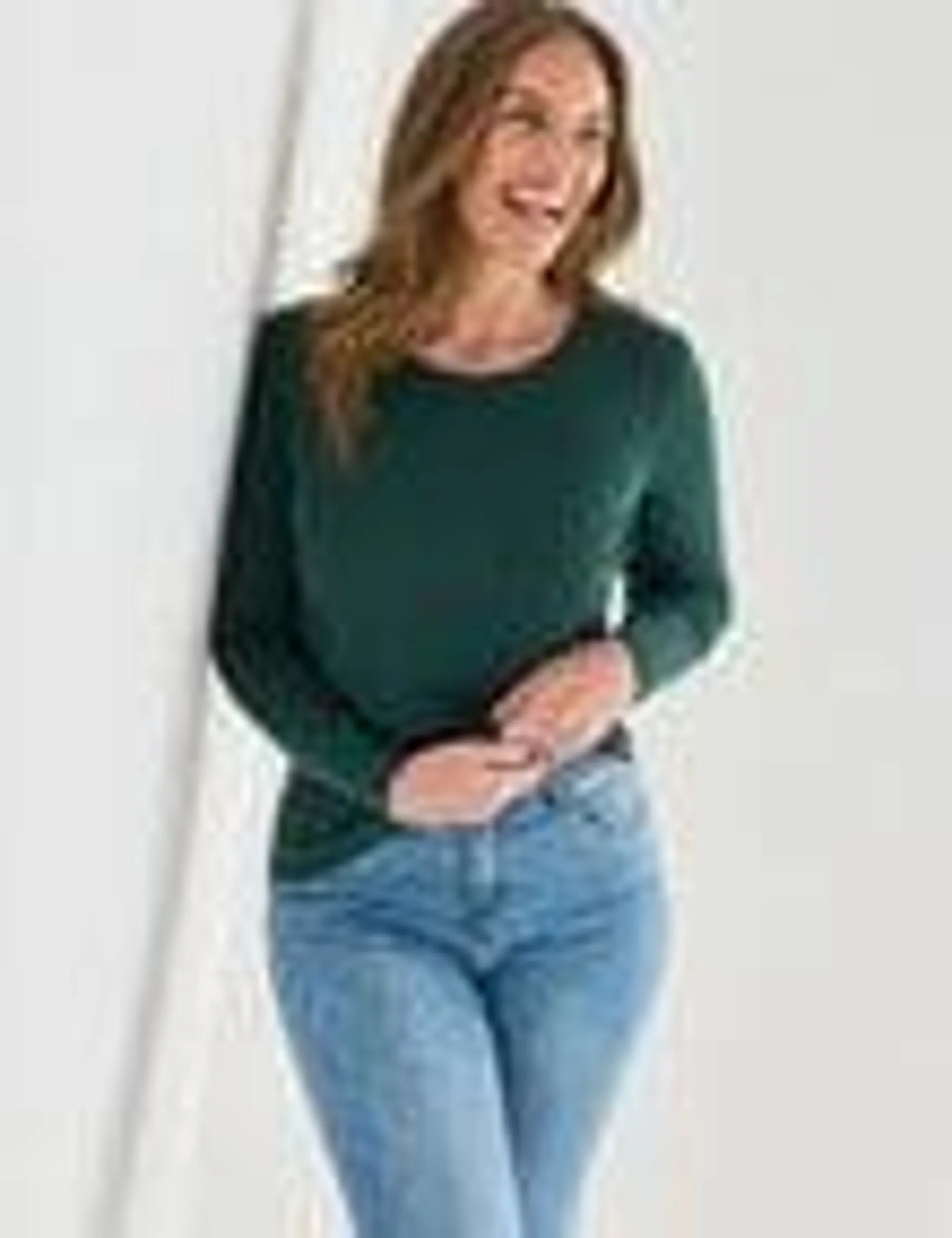 North South Merino Long Sleeve Round Neck Top, Elm Green