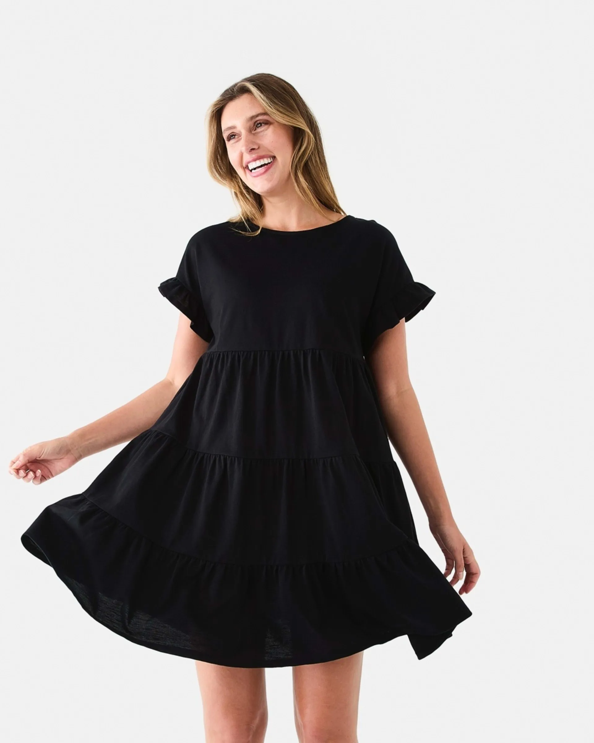 Short Sleeve Frill Tiered Jersey Dress