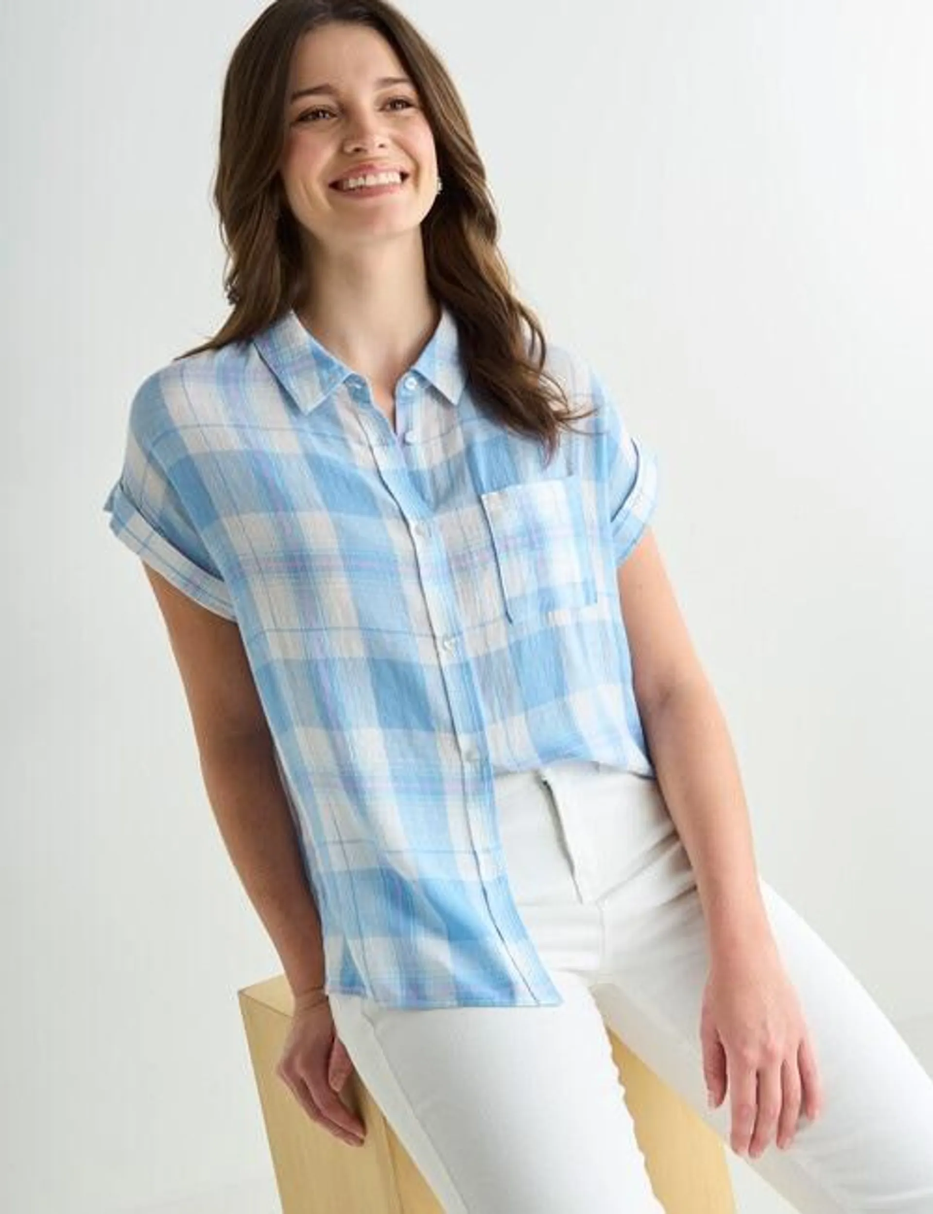 Zest Check Linen Blend Short Sleeve Shirt, Blue