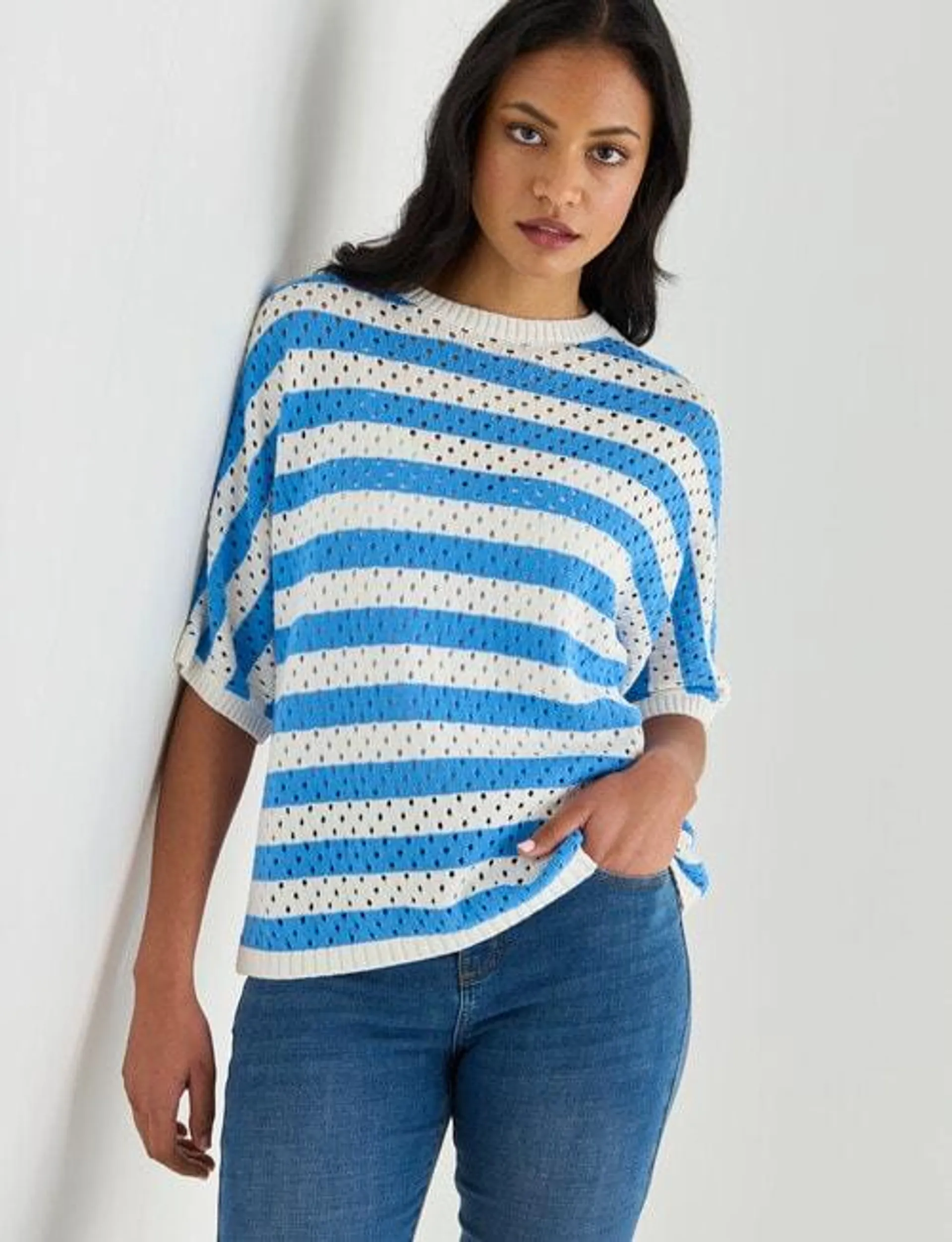 Zest Stripe Mesh Knitwear Jumper, Periwinkle