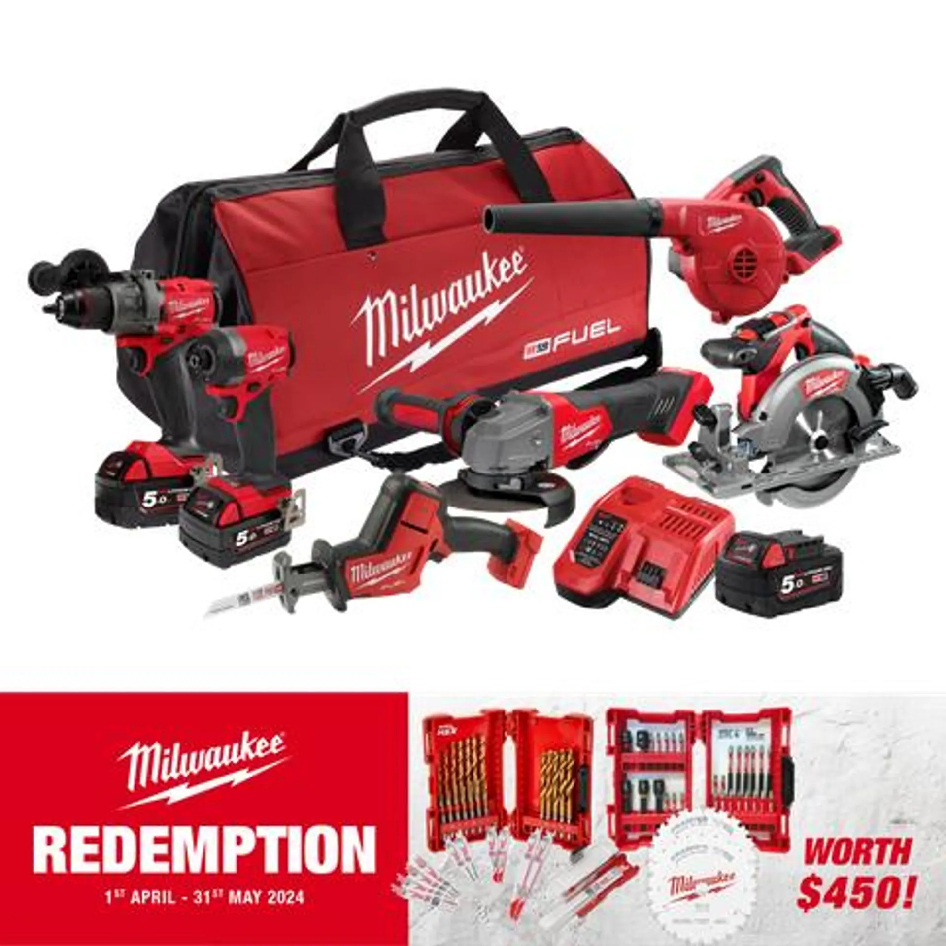 Milwaukee M18 FUEL Cordless Power Pack Brushless 6pc Kit 6A3 18V 5Ah x3