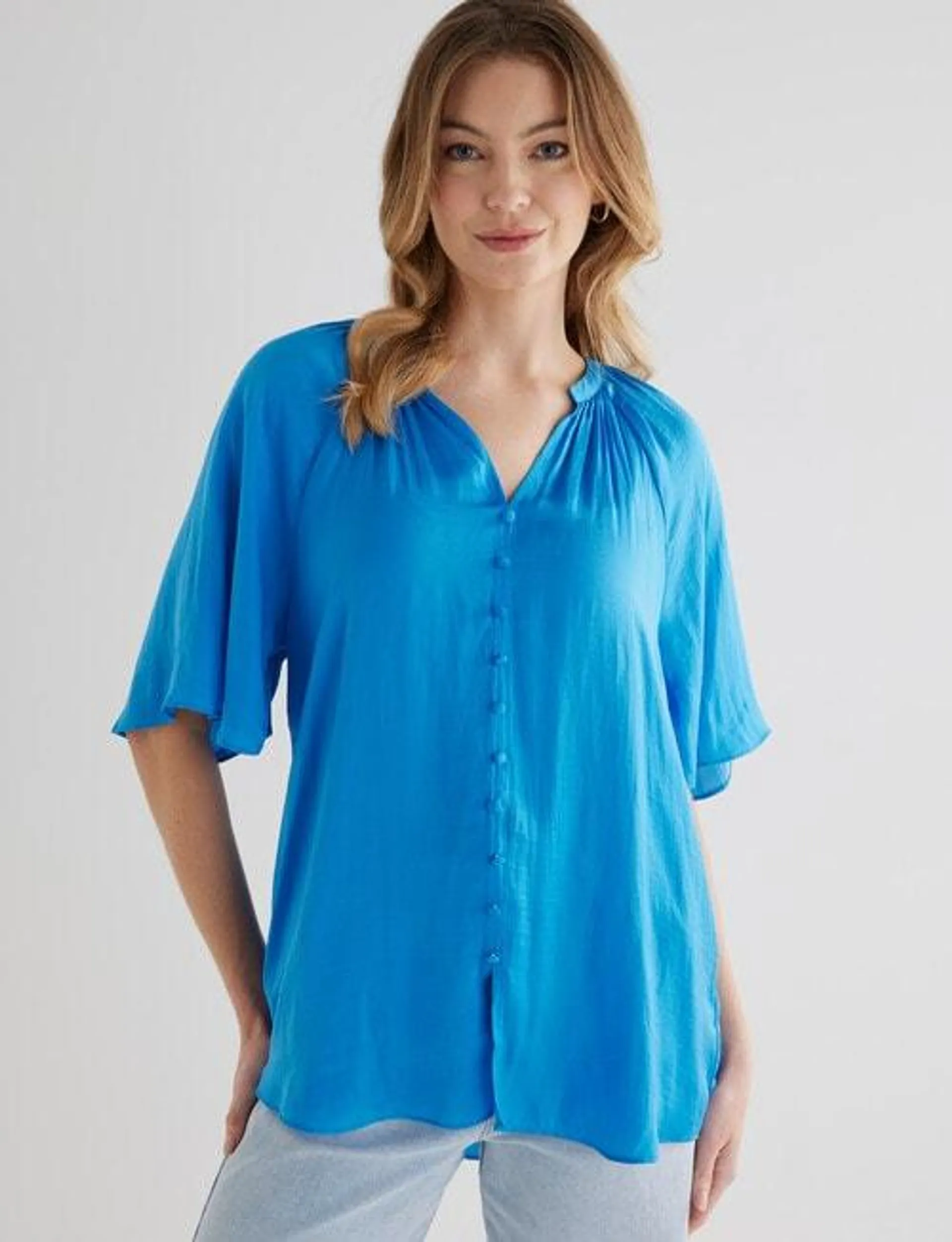 Whistle Satin Button Through V-Neck Top, Azure