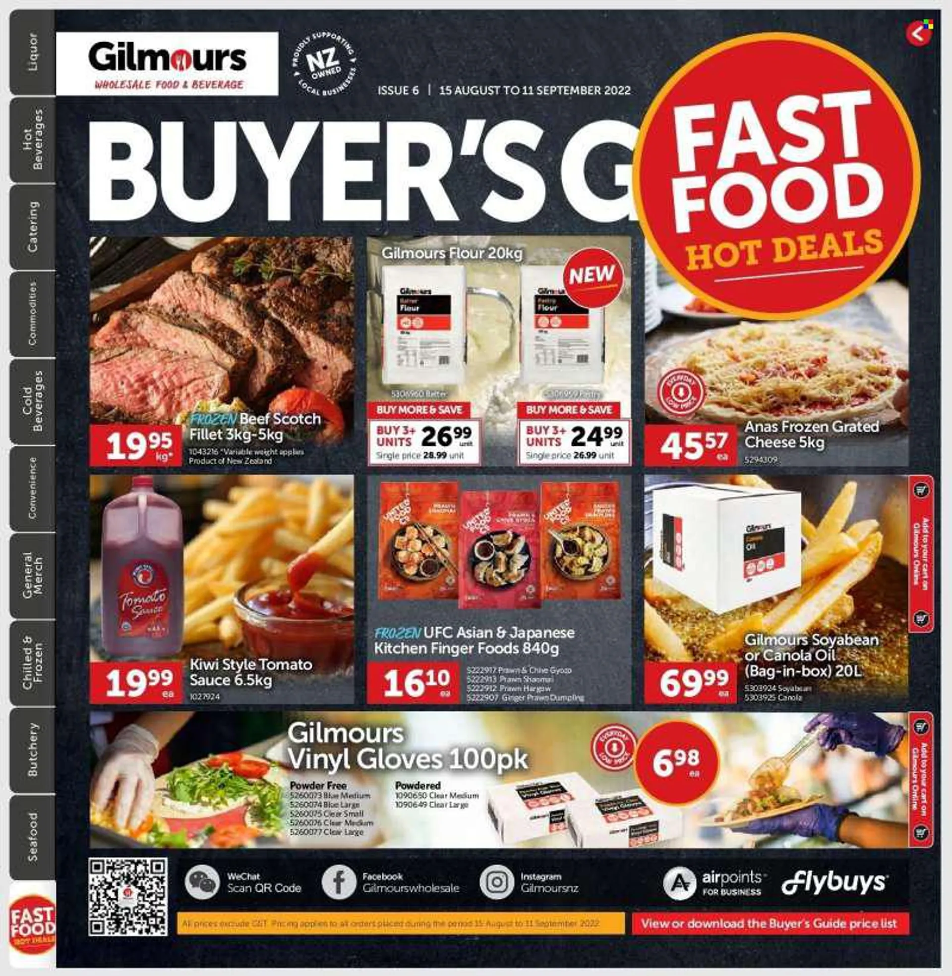 Gilmours mailer - 15.08.2022 - 11.09.2022 - Sales products - ginger, kiwi, seafood, prawns, sauce, dumpling, cheese, flour, canola oil, oil, liquor. Page 1.
