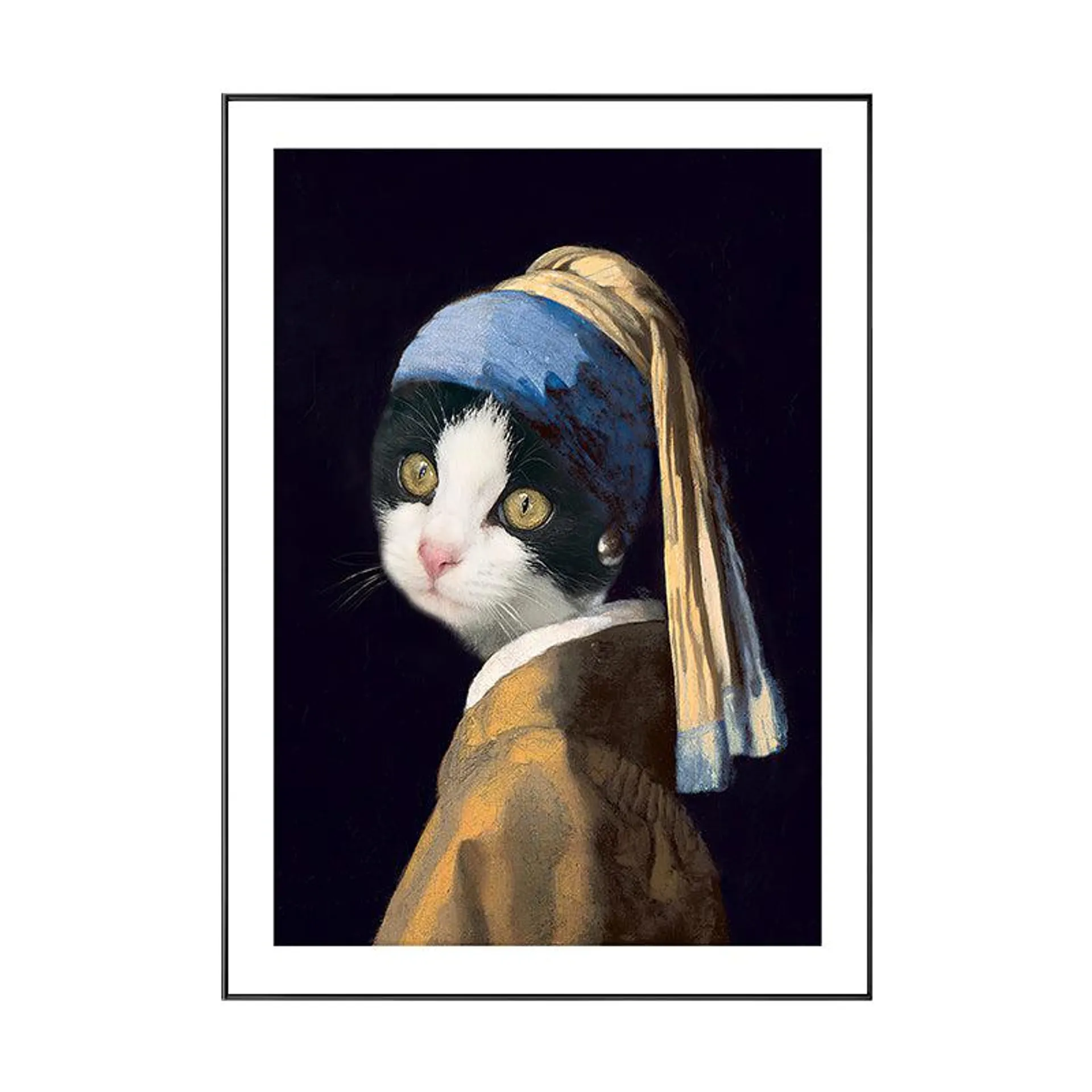 Framed Picture Frame Cat With Headscarf Black