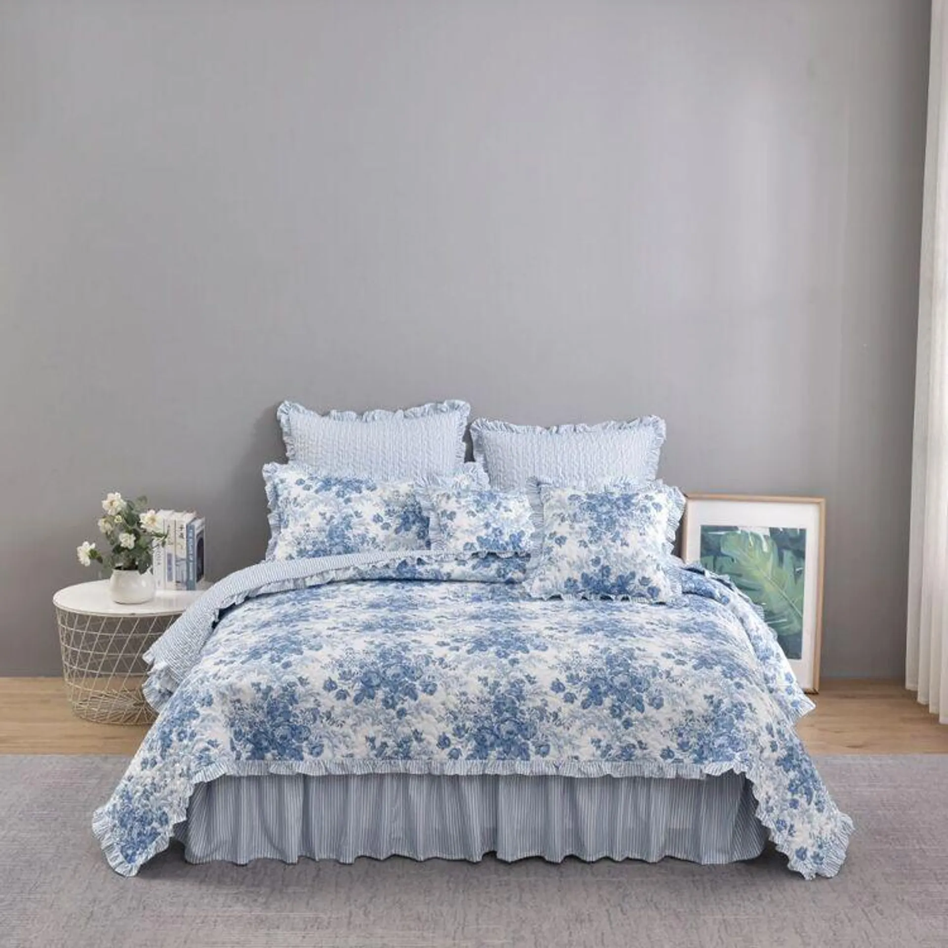 KOO Floral Toile Ruffle Coverlet Set Blue 220 x 240 cm