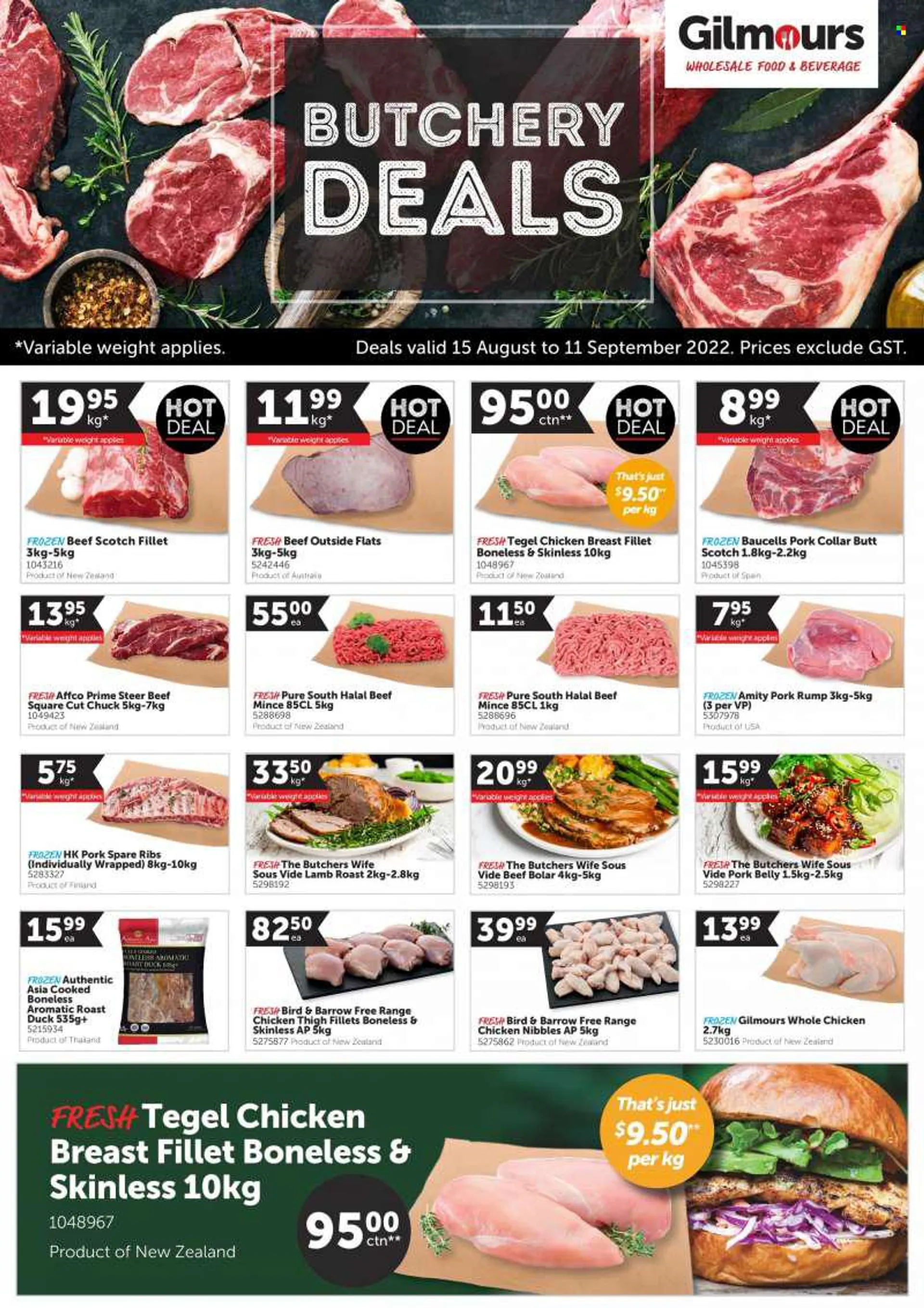 Gilmours mailer - 15.08.2022 - 11.09.2022 - Sales products - whole chicken, chicken breasts, chicken meat, beef meat, ground beef, pork belly, pork meat, pork ribs, pork spare ribs, lamb meat, lamb roast. Page 1.