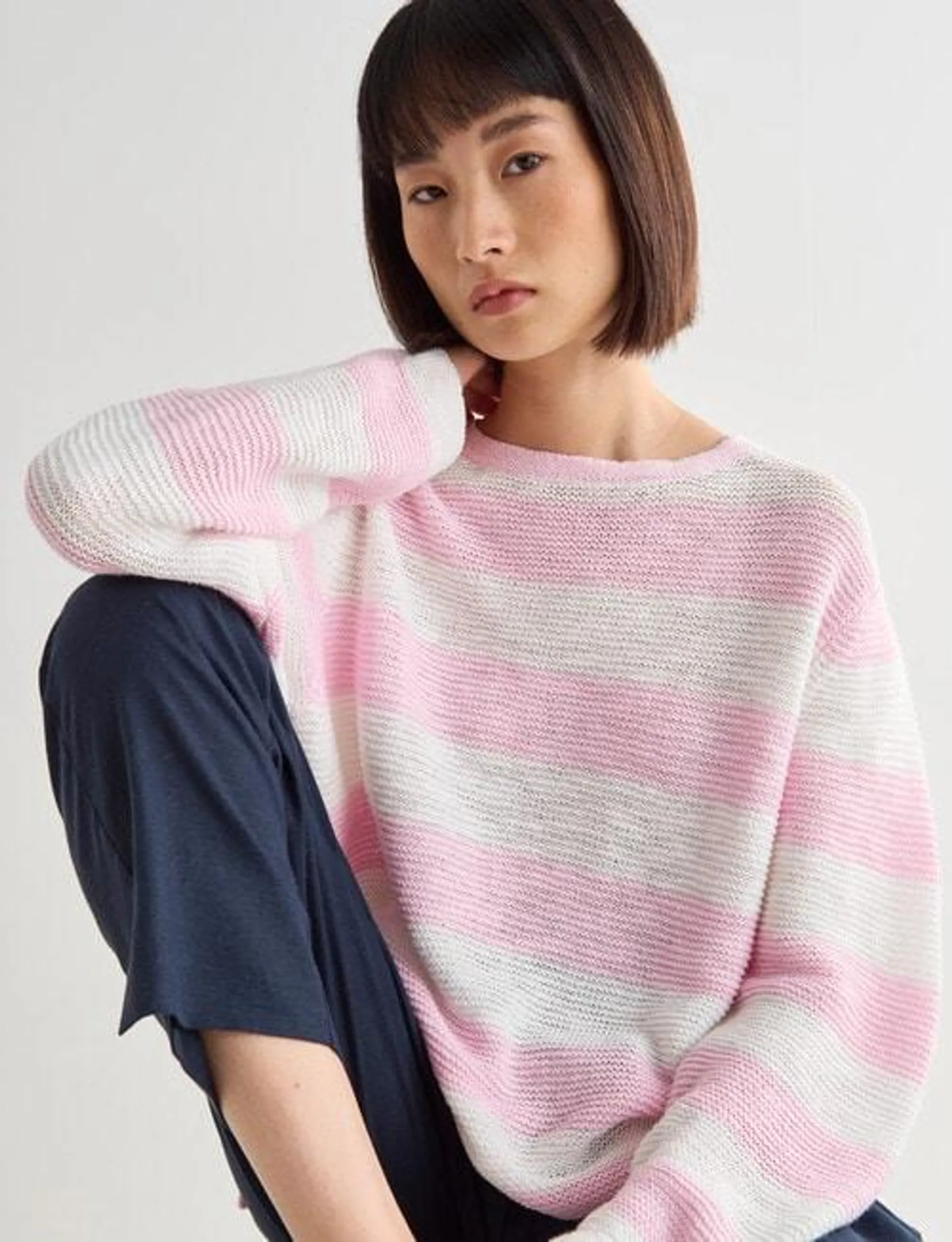 Jigsaw Christine Stripe Linen Blend Long Sleeve Sweater, Pink & White