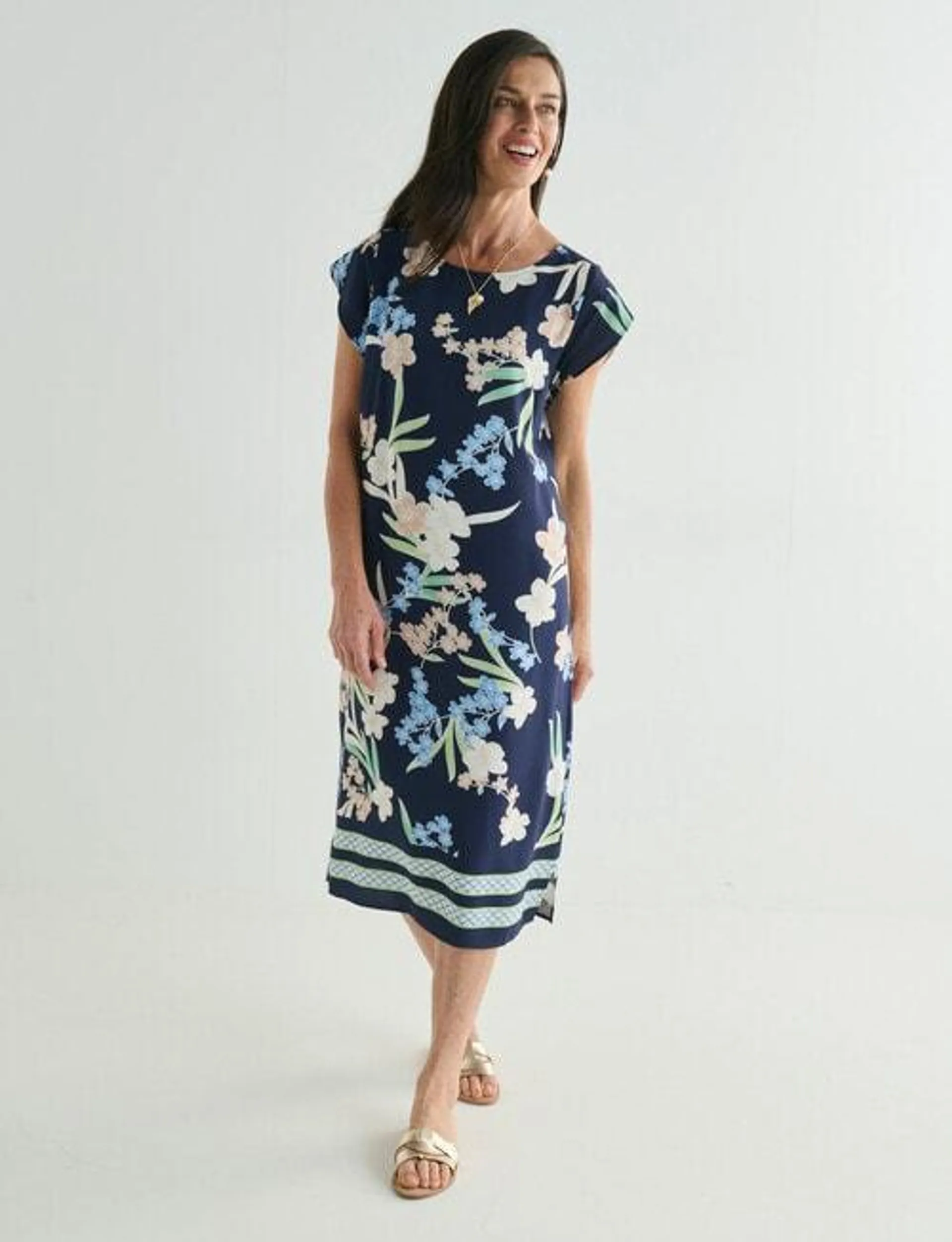 Ella J Border Summer Dress, Navy