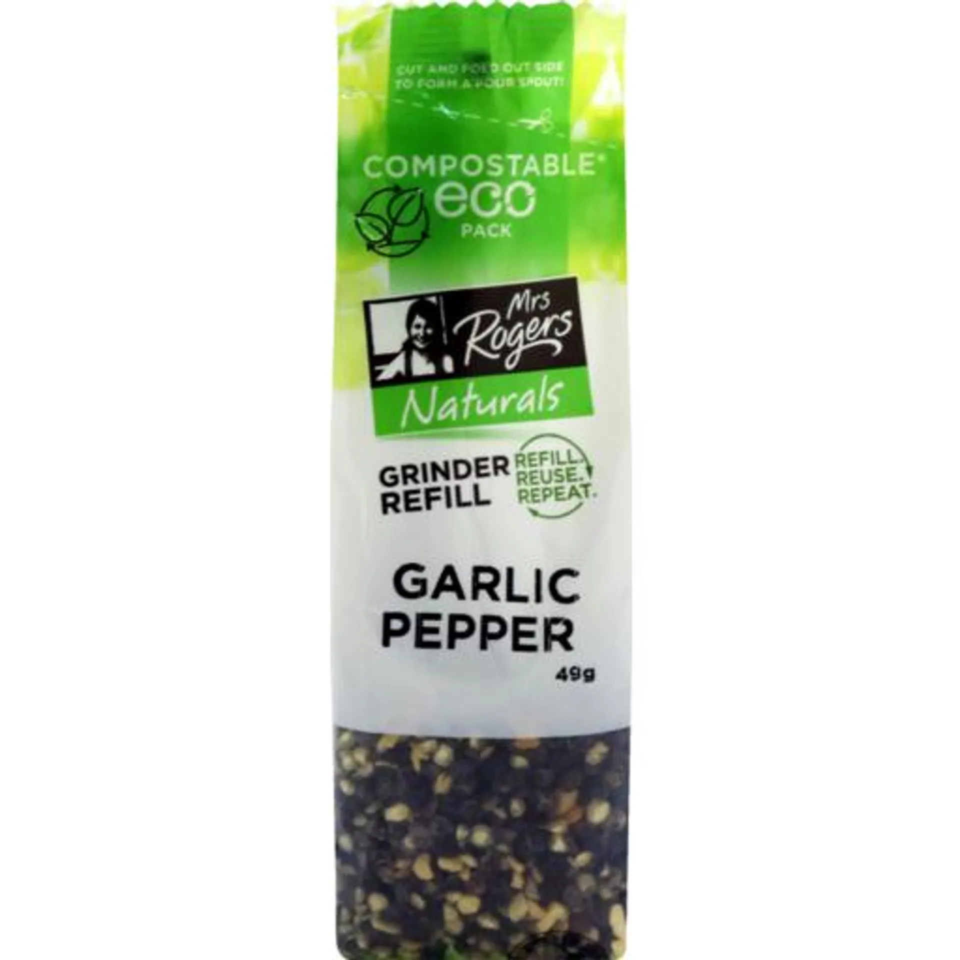 Mrs Rogers Naturals Grinder Refill Garlic Pepper 49g