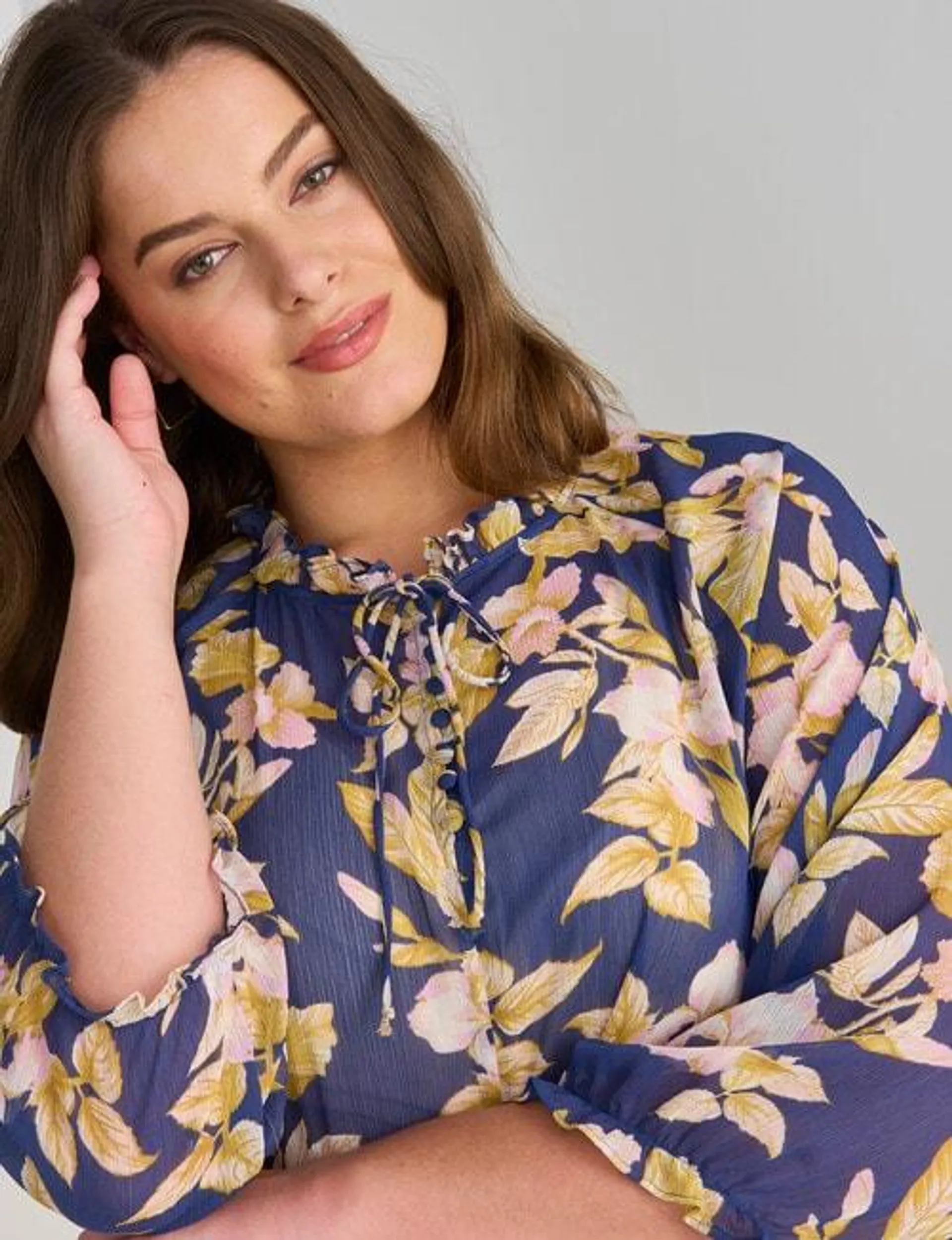 Studio Curve Floral Frill Collar Blouse, Navy & Mustard