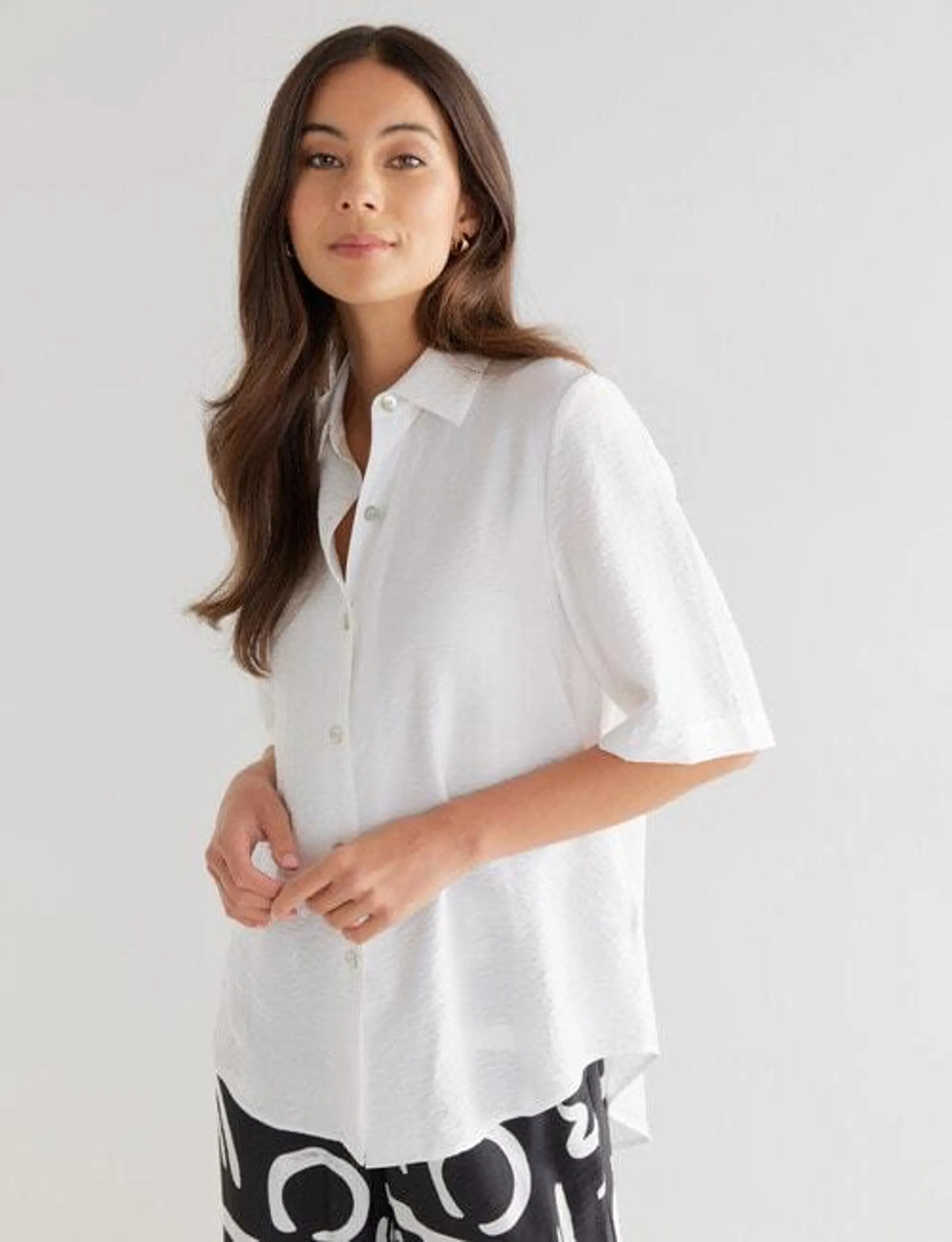 Whistle Short Sleeve Collared Boxy Shirt, Ivory