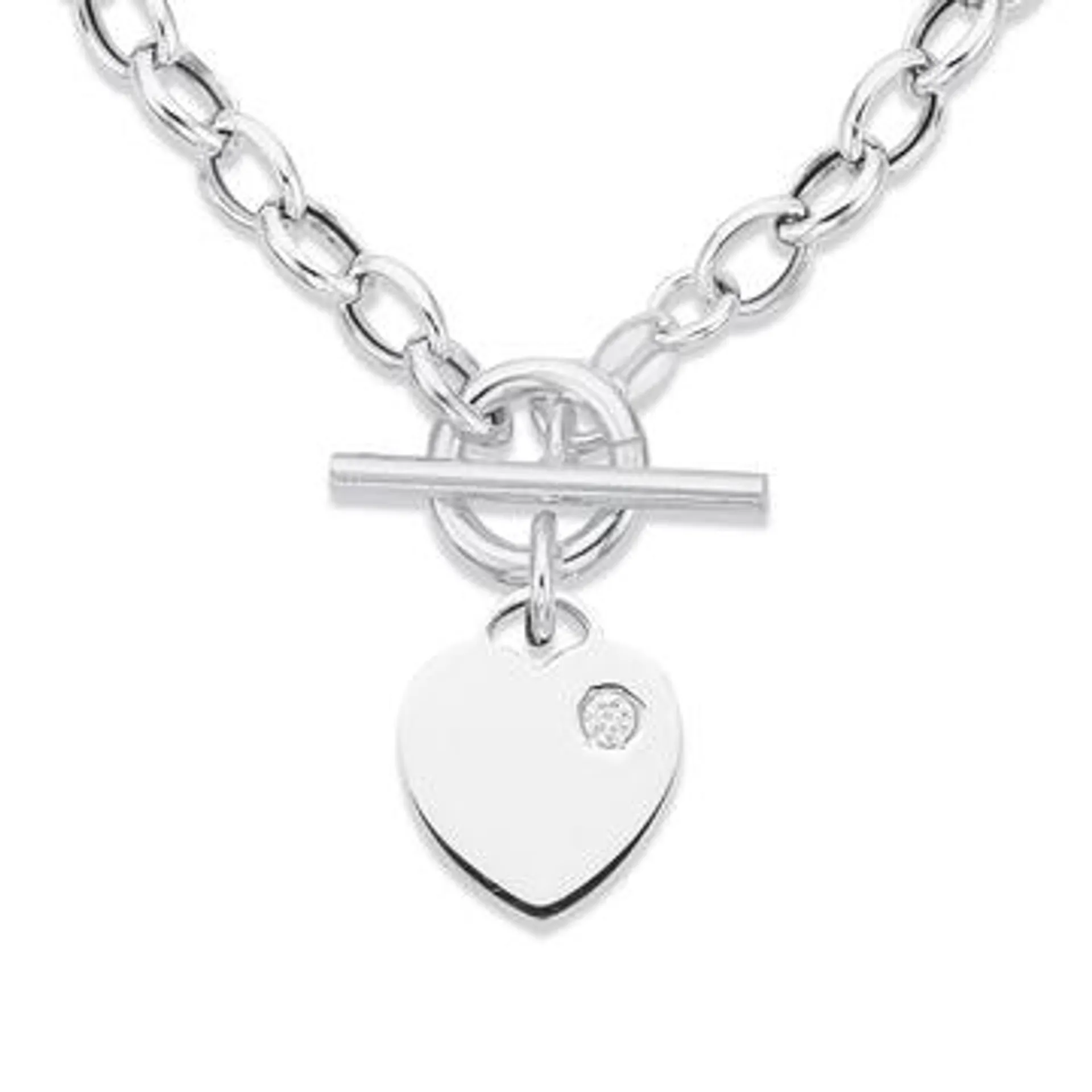 Sterling Silver Oval Belcher With Cubic Zirconia Heart FOB Necklet