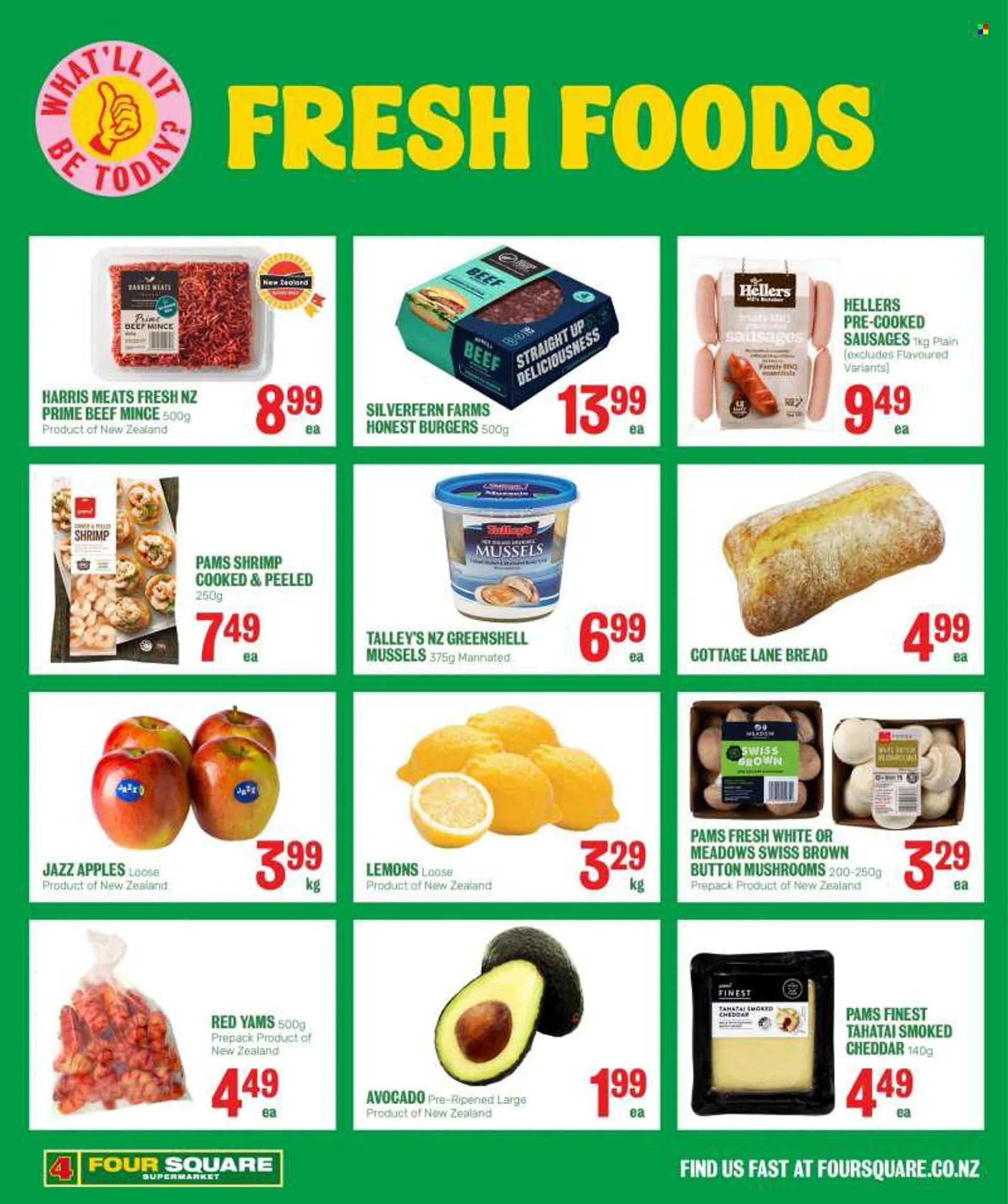 Four Square mailer - 08.08.2022 - 21.08.2022 - Sales products - mushroom, bread, avocado, apples, lemons, mussel, hamburger, sausage, cheddar, cheese, Harris, pepper, beef meat, ground beef, essentials. Page 2.