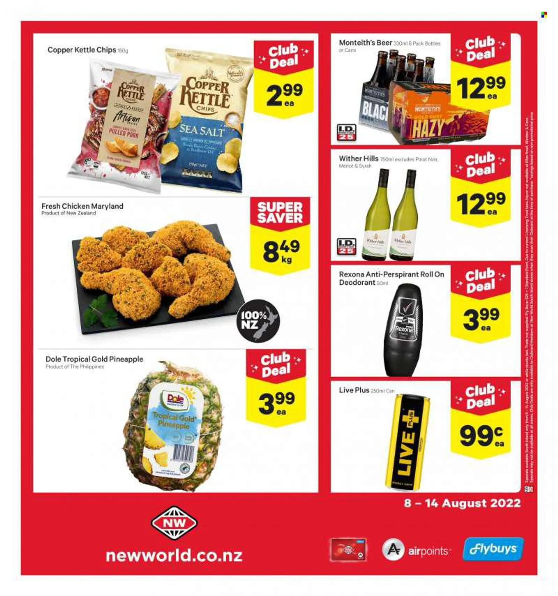 New World mailer - 08.08.2022 - 14.08.2022 - Sales products - Dole, pineapple, chips, kettle, Copper Kettle, red wine, wine, Merlot, Pinot Noir, Wither Hills, Syrah, beer, anti-perspirant, Rexona, roll-on, deodorant, Hills. Page 2.
