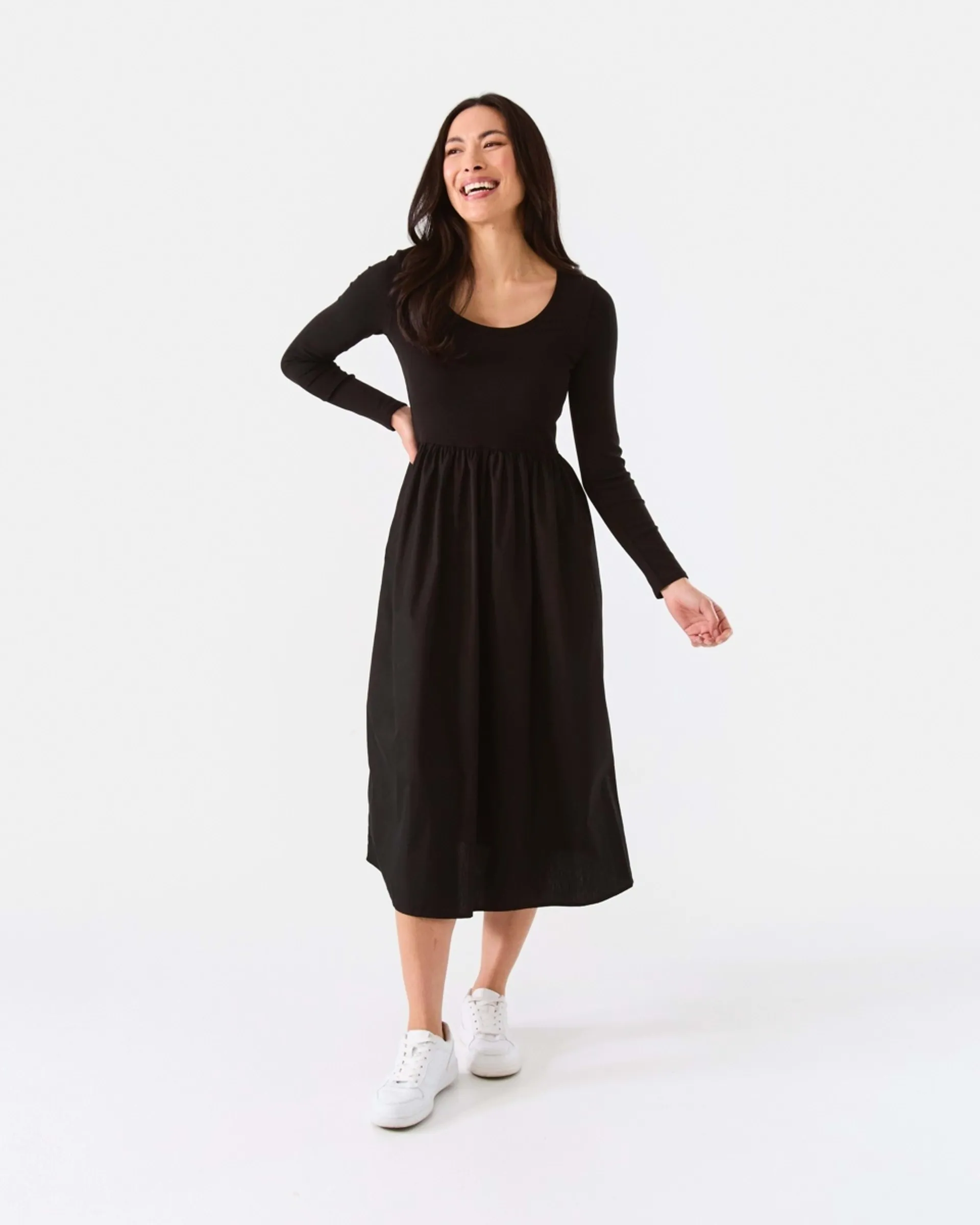 Long Sleeve Knit Woven Midi Dress