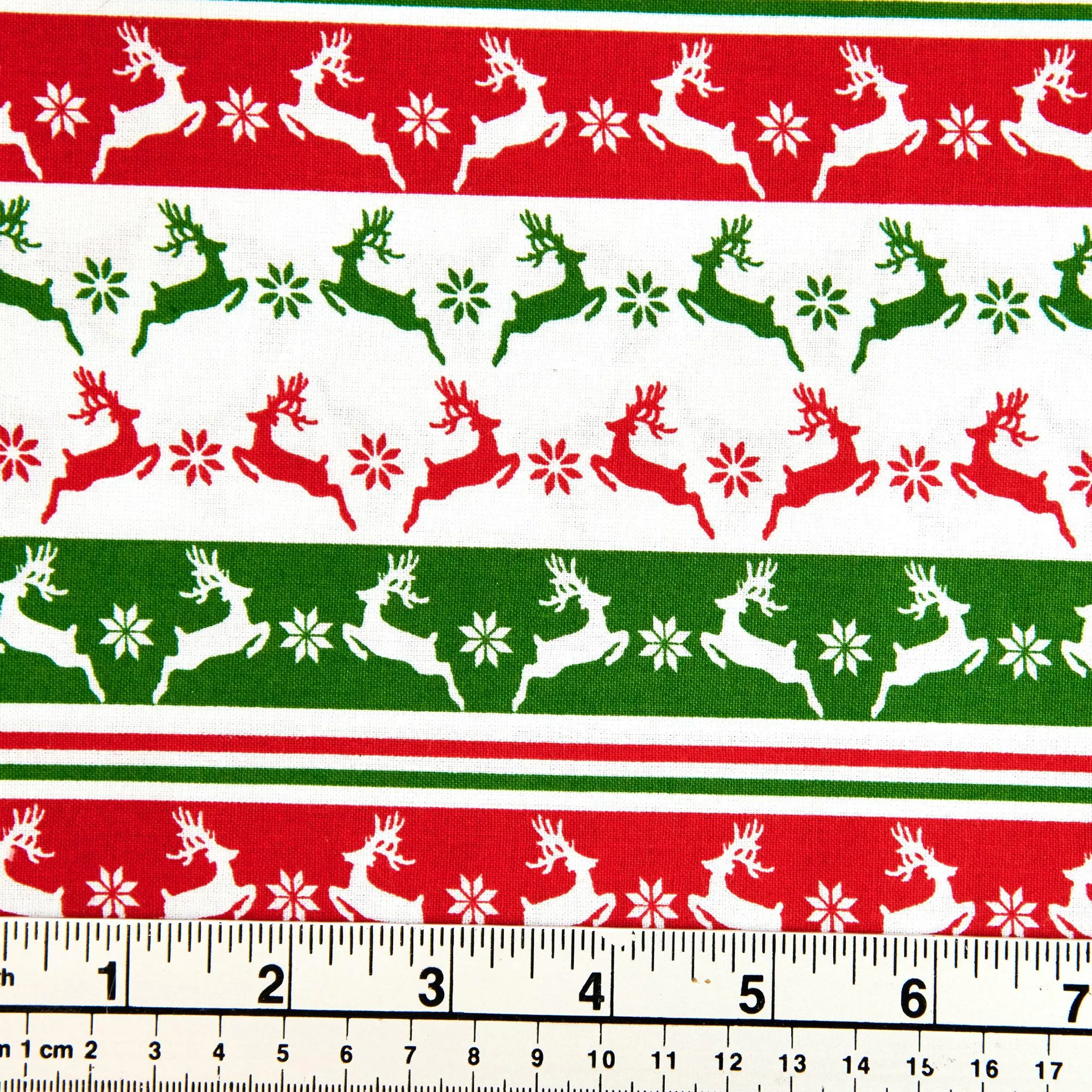 Christmas Cotton Print Fabric, White/Green Red Deer- Width 112cm